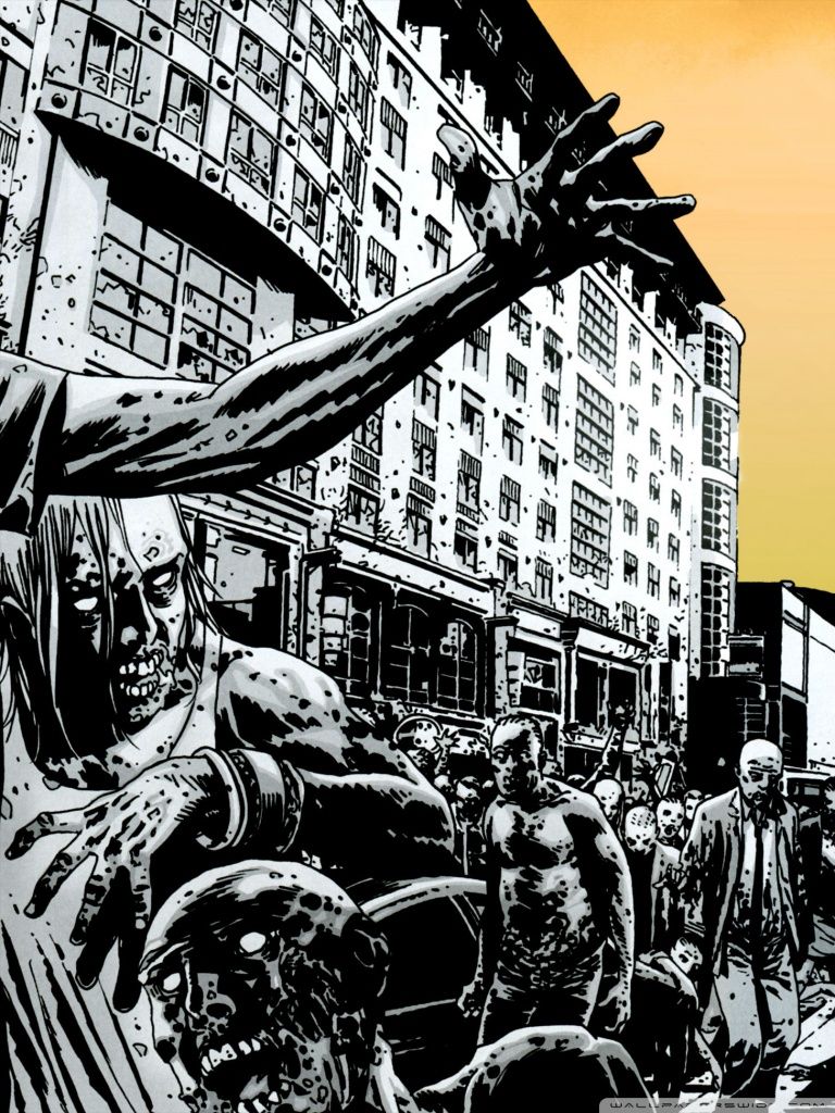 Zombiehorde, Comic, Hochhäuser, Schwarz-Weiß, Tusche, HD, iPad-Hintergrundbild