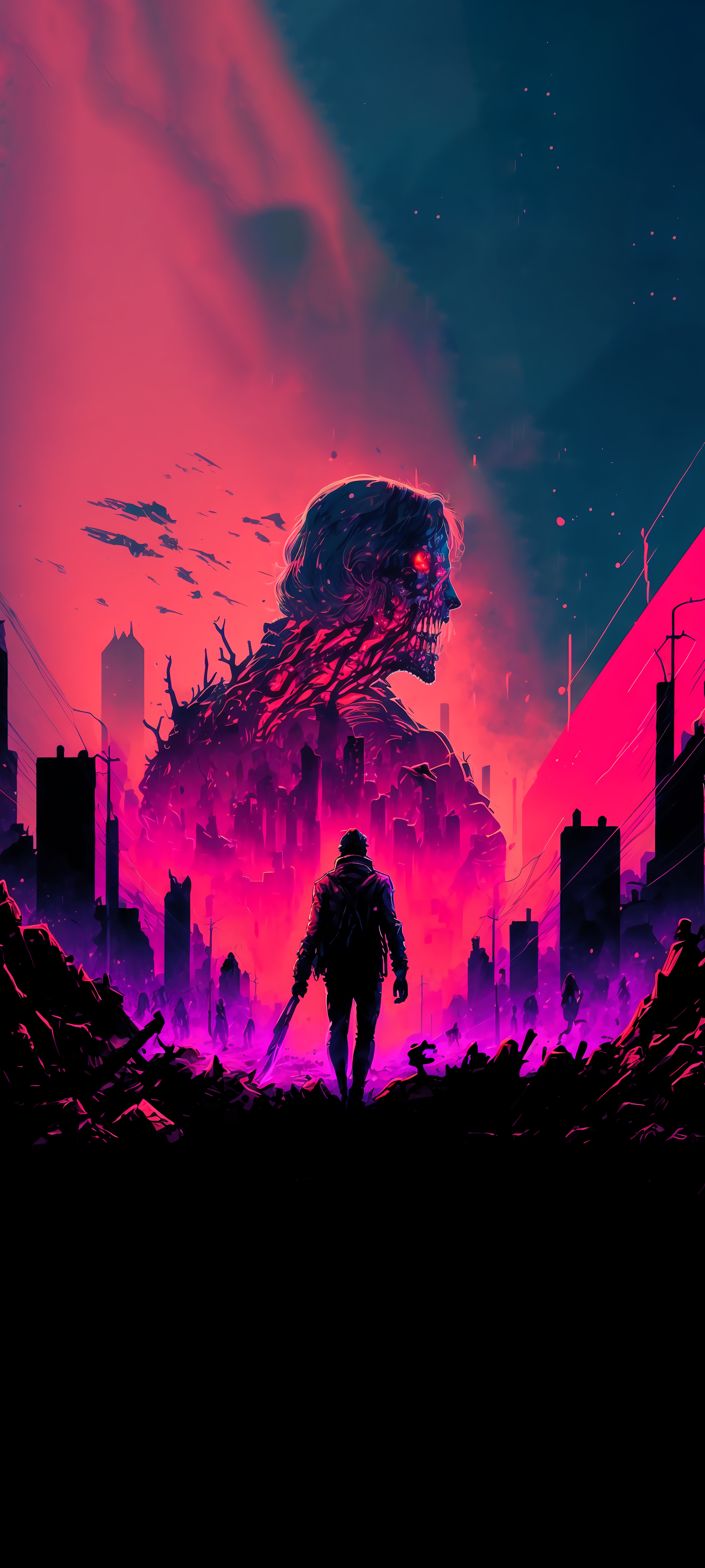 Zombie, Silhouette, Stadt, Pink und Blau, Illustration, QHD+, Hintergrundbild fürs Handy
