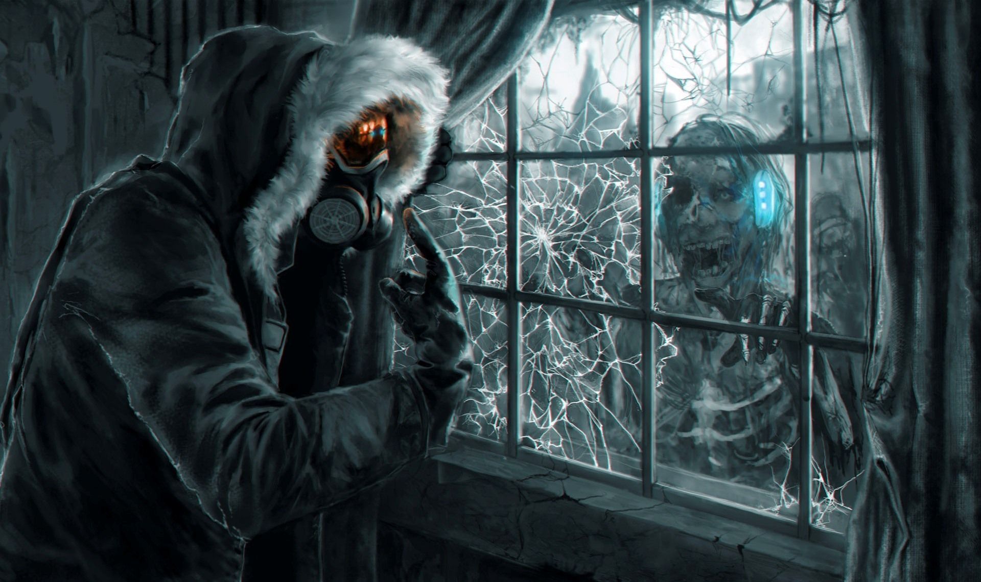 Gasmaske, Kapuze, Zerbrochenes Fenster, Zombie, Düster, Full HD, Desktop-Hintergrund für Windows