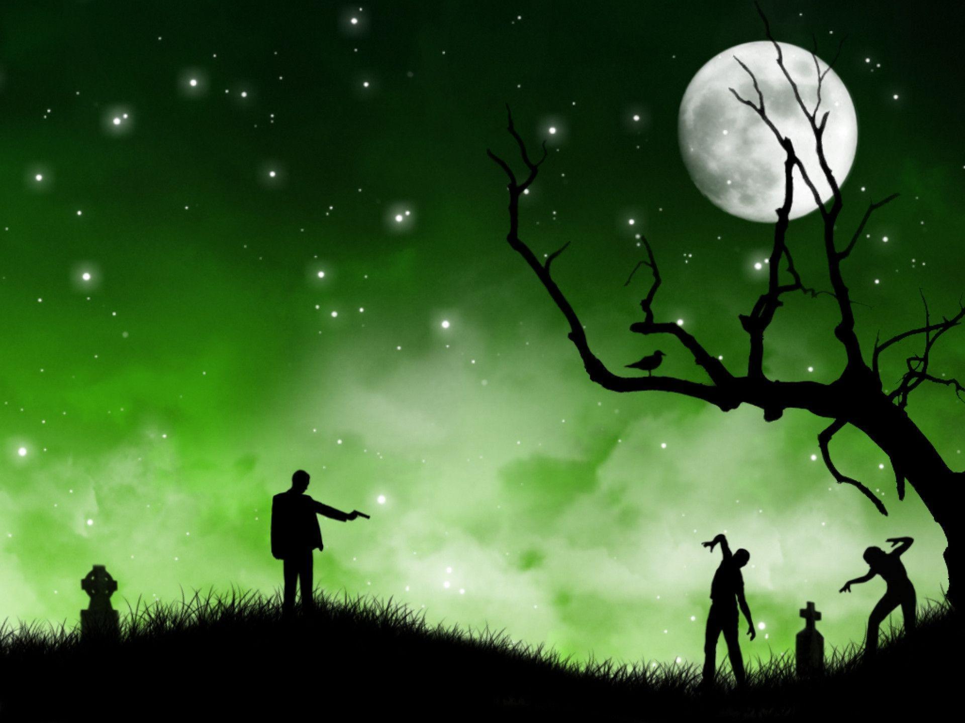 Zombies, Silhouetten, Friedhof, Vollmond, Grüner Himmel, Hintergrundbild fürs Tablet