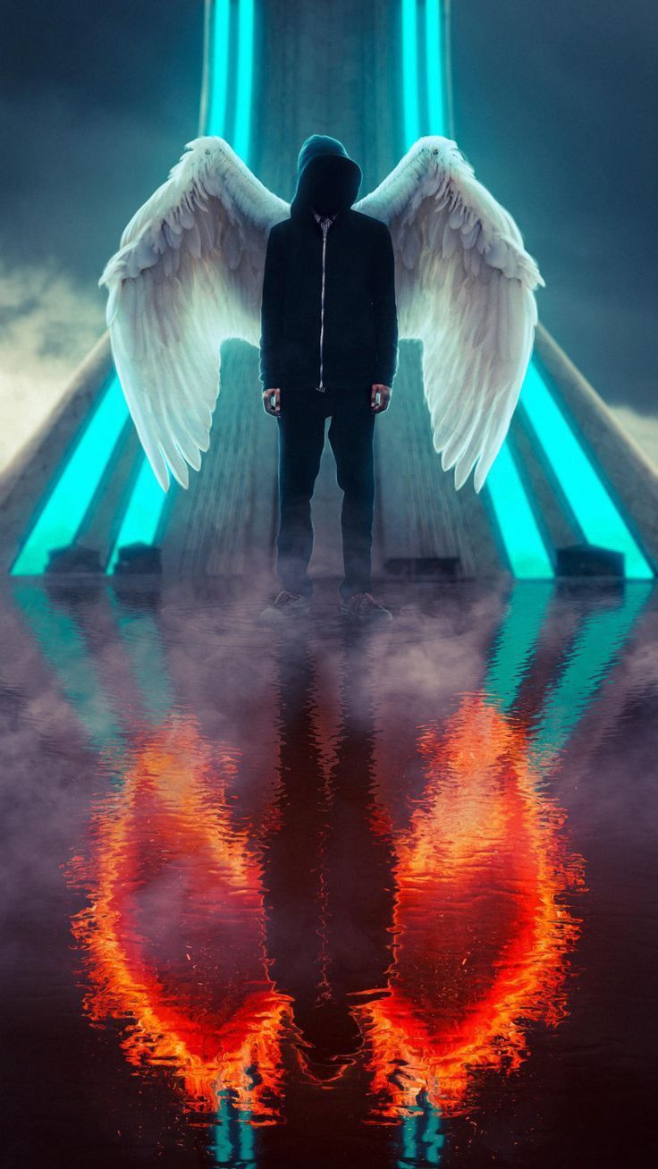 Engelsflügel, Neon, Feuerflügel, Spiegelung, Digitale Kunst, HD, Handy-Hintergrundbild