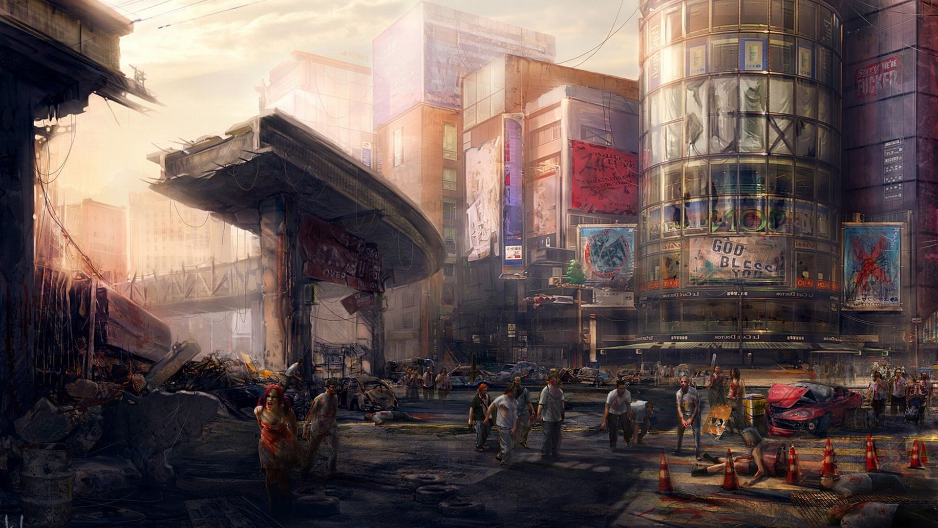 Zerstörte Stadt, Postapokalypse, Zombies, Hochbahn, Digitale Kunst, 1920x1080, Desktop-Hintergrund