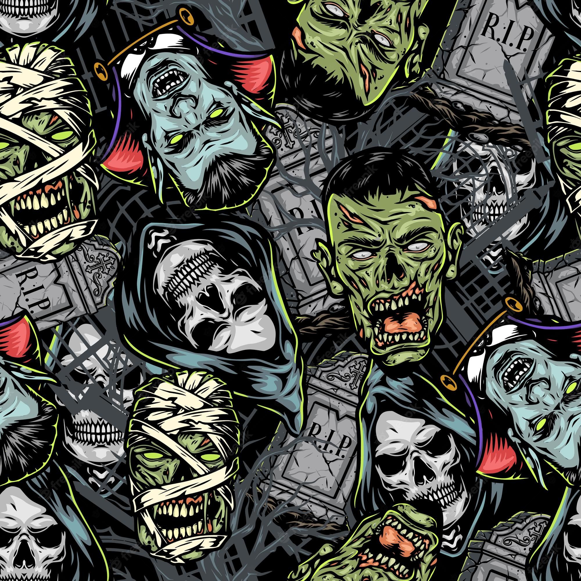 Monster, Totenköpfe, Mumie, Frankenstein, Muster, Hintergrundbild für iPad und Tablet