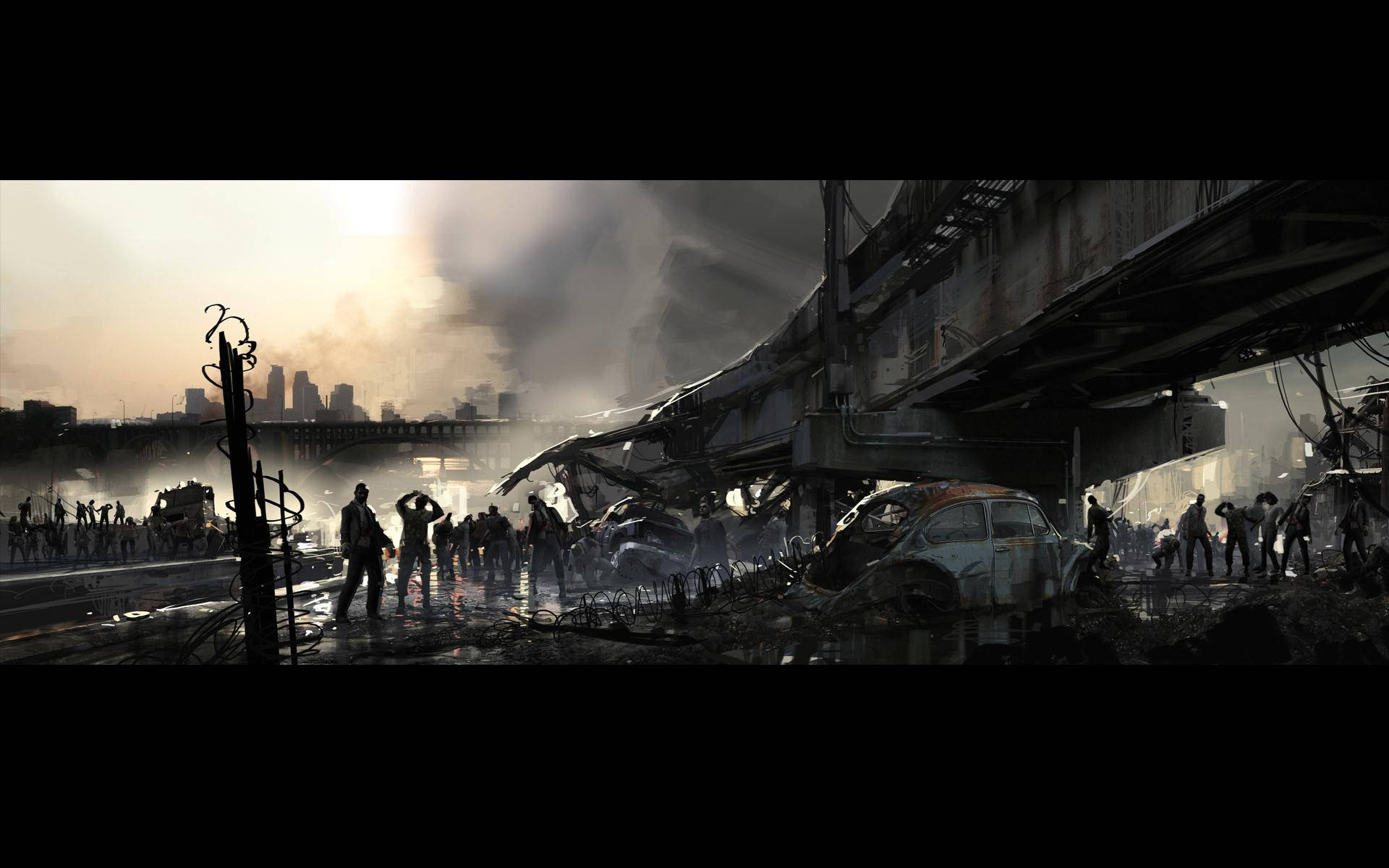 Zombiehorde, Silhouetten, Autobahnbrücke, Panorama, Apokalypse, Full HD, Breitbild-Hintergrundbild