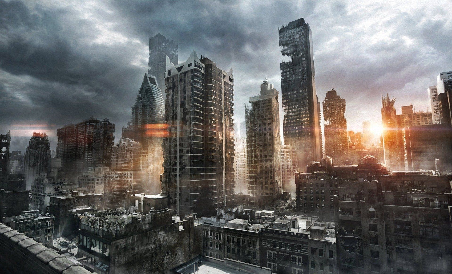 Zerstörte Stadt, Hochhäuser, Postapokalypse, Wolken, Ruinen, Full HD, Laptop-Hintergrundbild