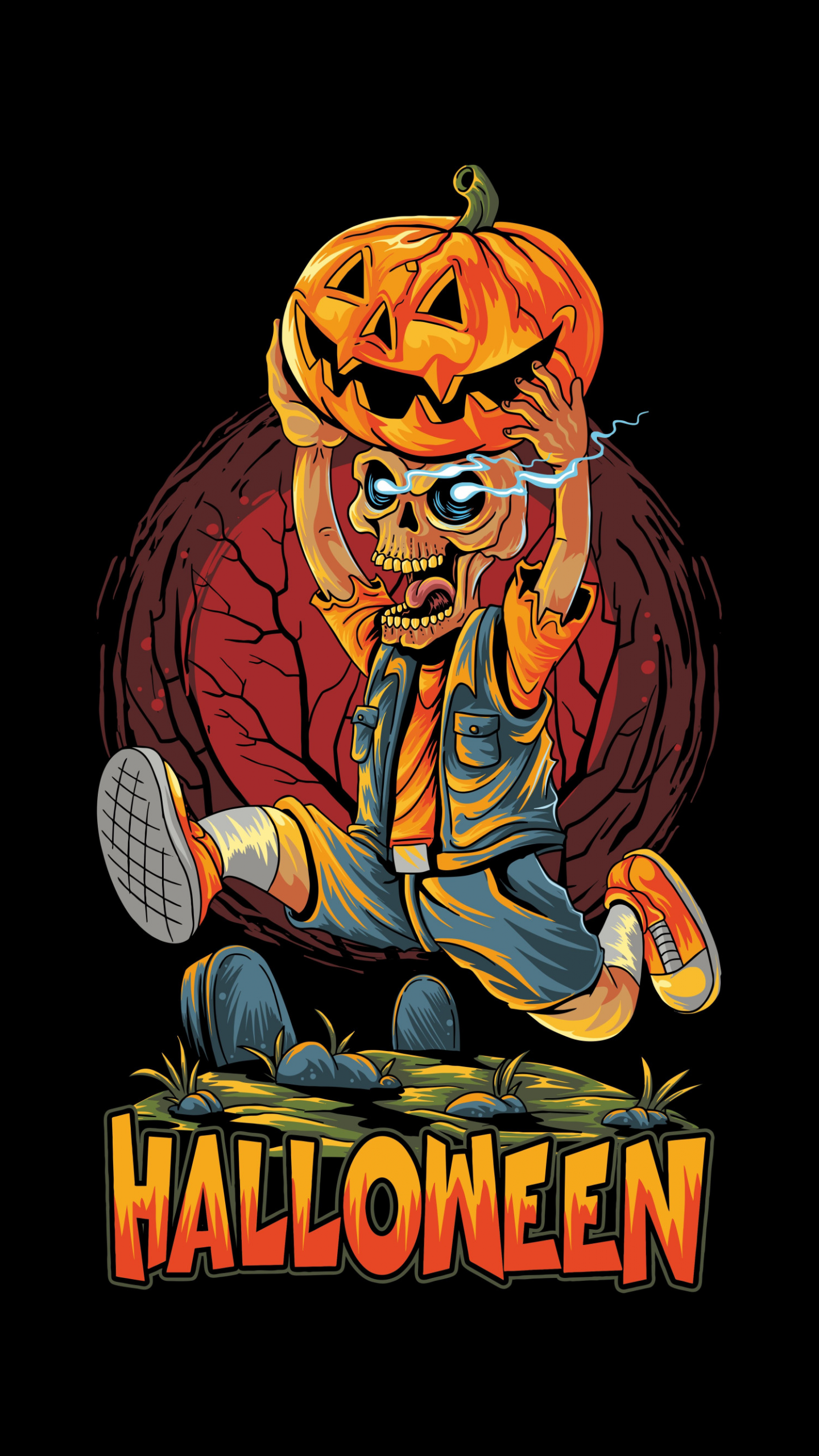 Halloween, Kürbiskopf, Zombie, Cartoon, Schwarzer Hintergrund, Sperrbildschirm fürs iPhone