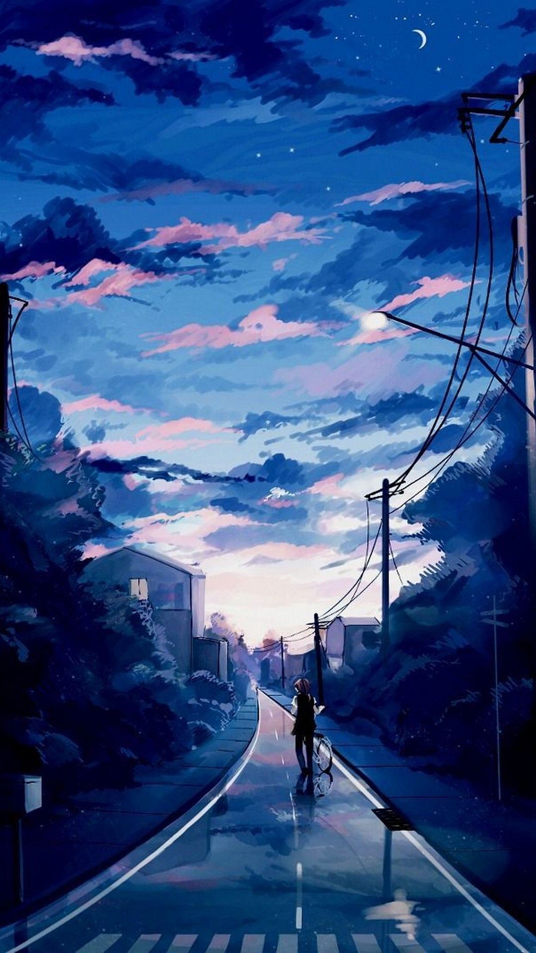 Anime-Landschaft, Straße, Nacht, Blau, Wolken, Hintergrundbild für iPhone und Android