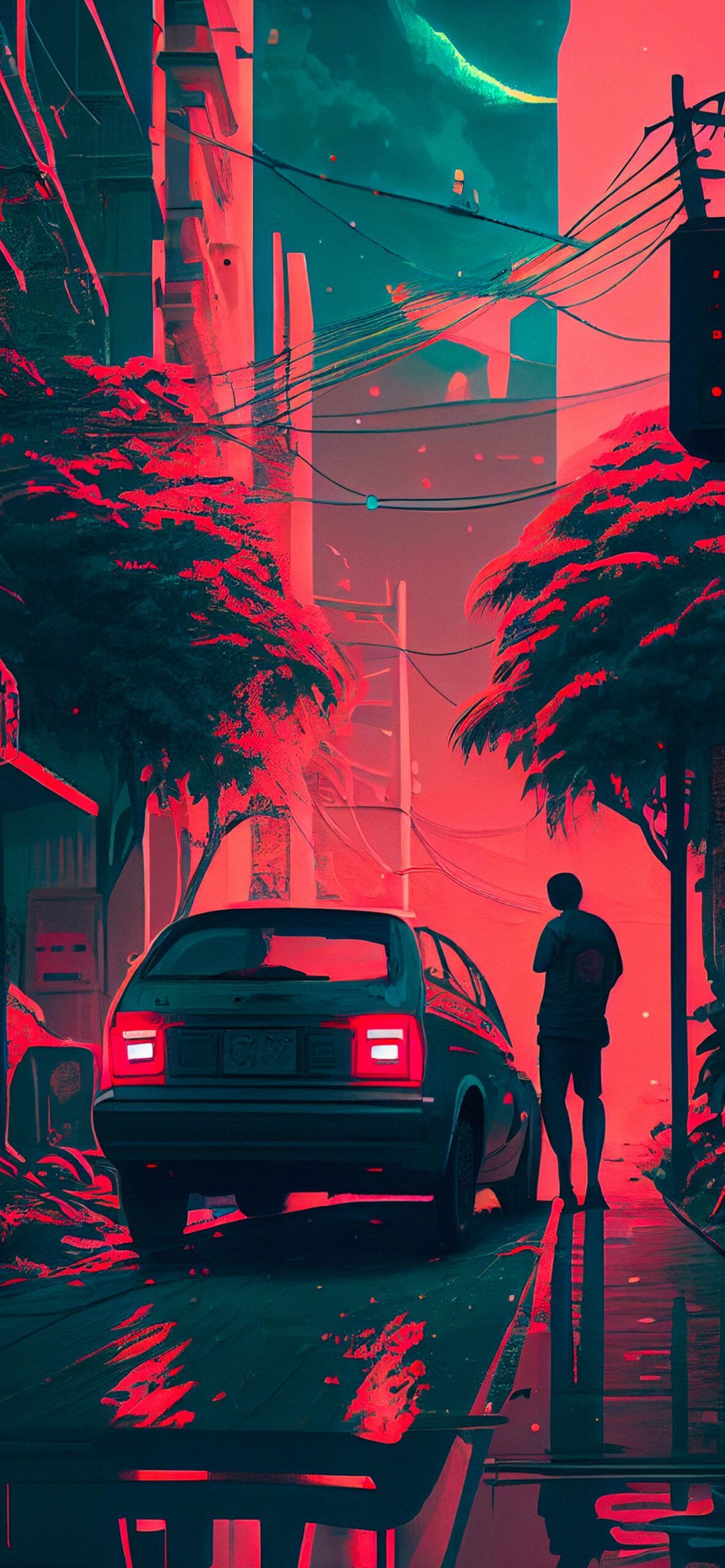 Illustration, Rote Straße, Palmen, Silhouette, Cyberpunk, Full HD, Handy-Hintergrundbild