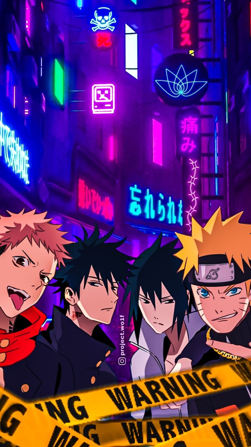 Naruto Uzumaki, Sasuke Uchiha, Yuji Itadori, Anime-Crossover, Neon, Absperrband, Smartphone-Hintergrund