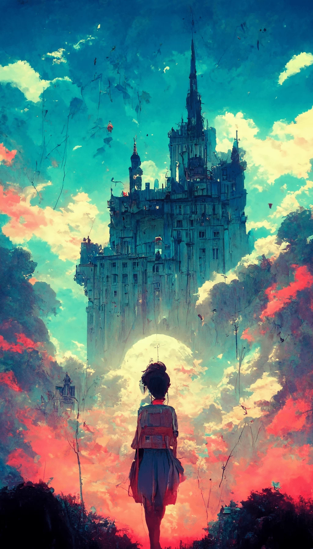 Anime-Mädchen, Schloss, Wolken, Fantasie, Türkis, Hochformat, Hintergrundbild fürs Smartphone