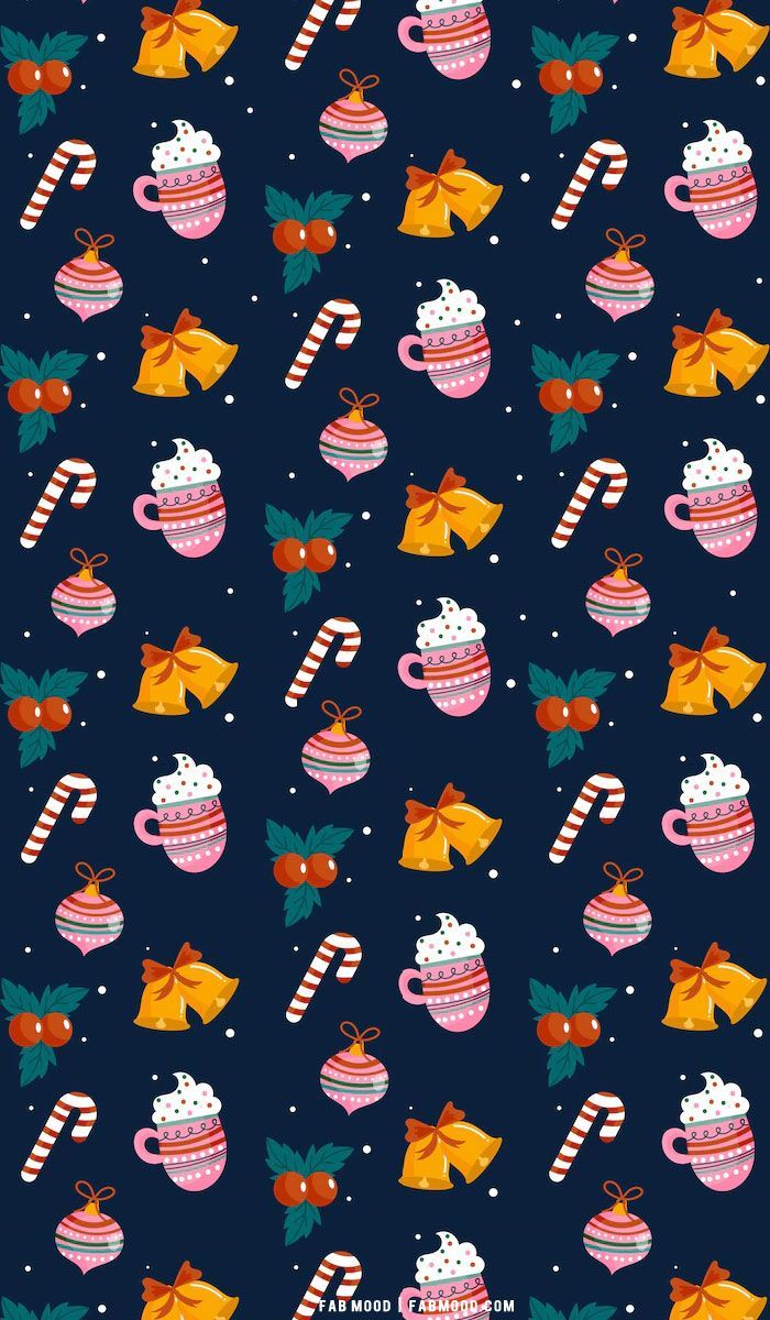 Weihnachtsmuster, Zuckerstangen, Kakao, Glocken, Dunkelblau, Galaxy-S24-Wallpaper