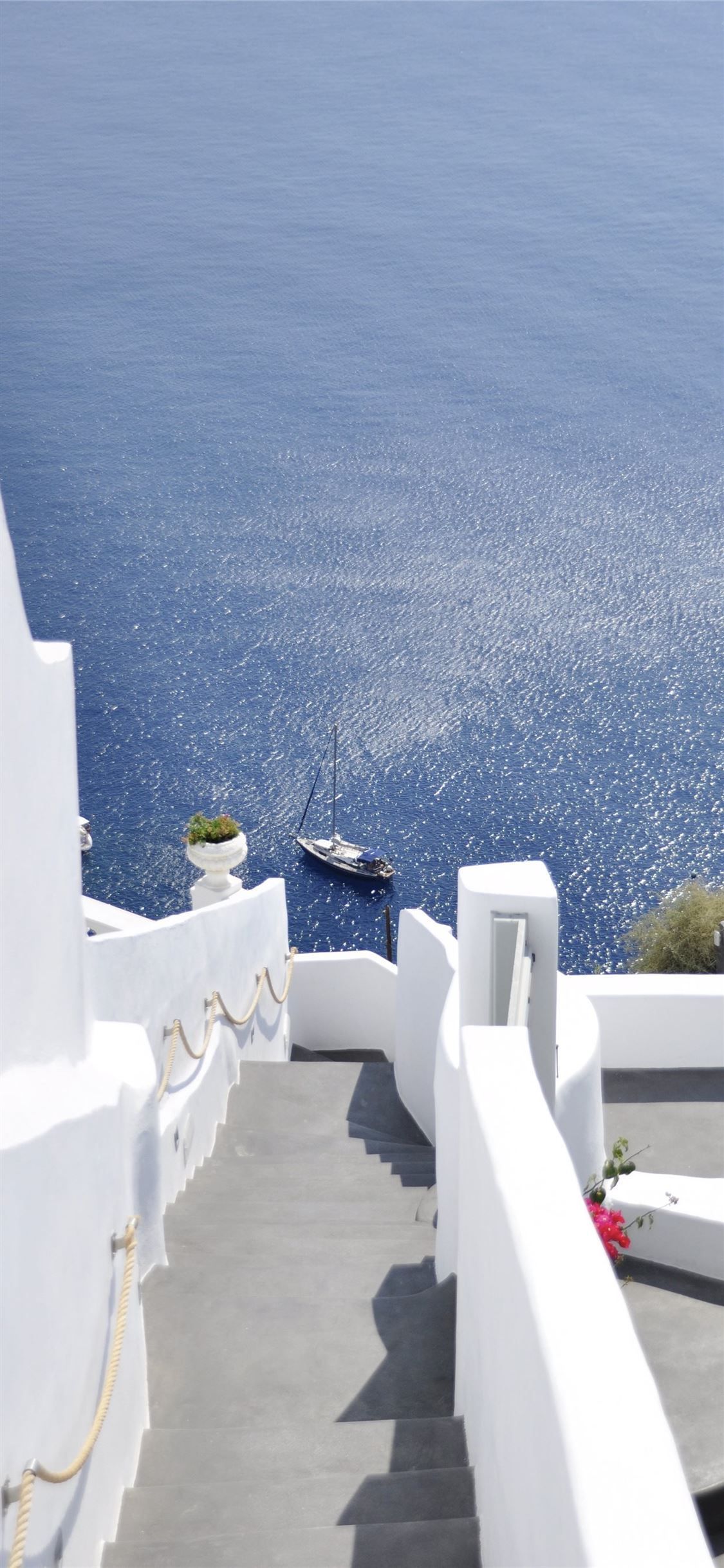 Santorini, Weiße Mauern, Treppe, Ägäis, Meer, Full HD, Handy-Hintergrund im Hochformat