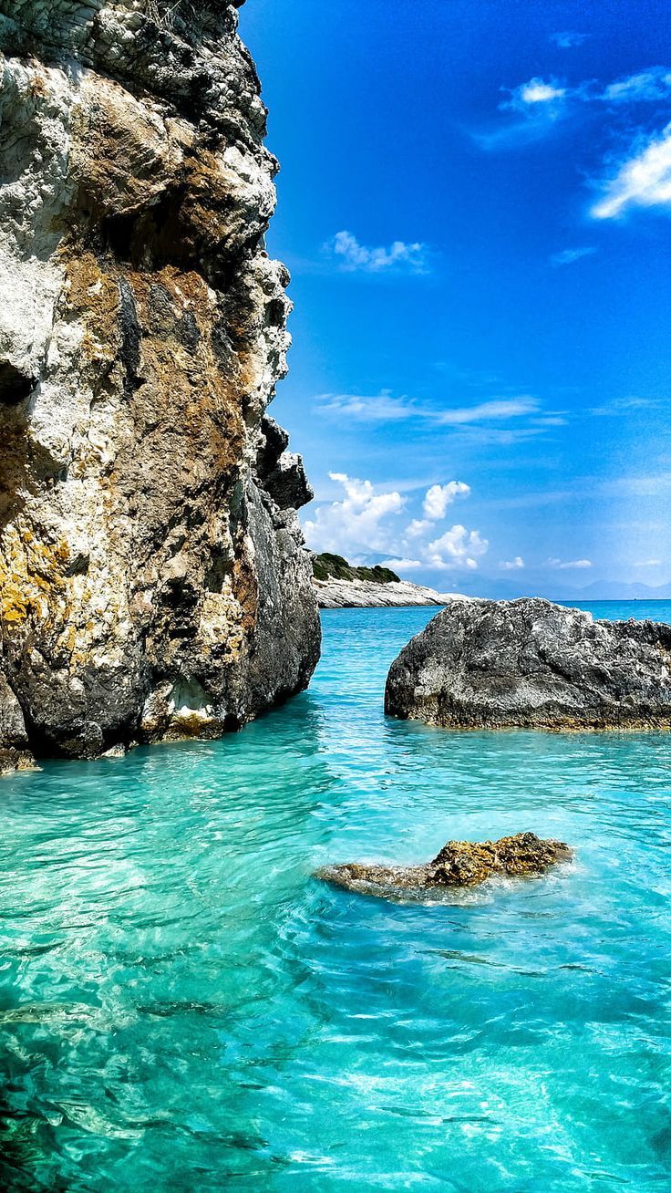 Felsen, Türkises Wasser, Bucht, Klippen, Blauer Himmel, HD, Sperrbildschirm fürs iPhone