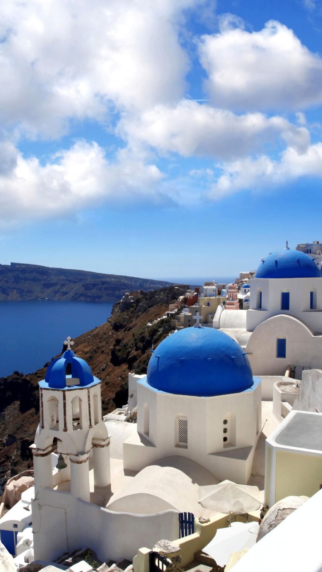 Santorini, Oia, Blaue Kuppeln, Kirche, Wolken, Full HD, Sperrbildschirm fürs iPhone