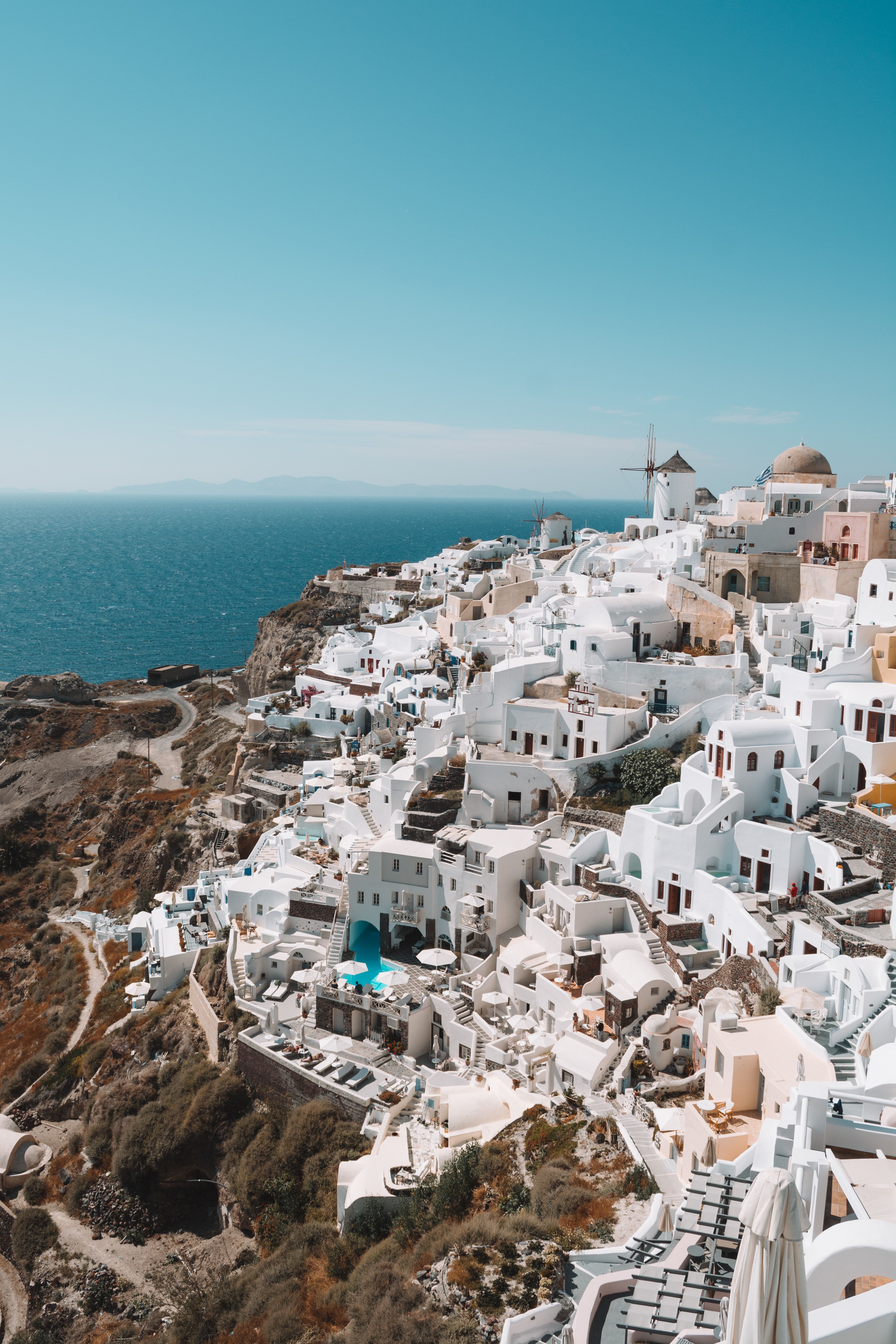 Santorini, Weiße Häuser, Klippen, Meer, Caldera, QHD+, Hintergrundbild fürs Tablet