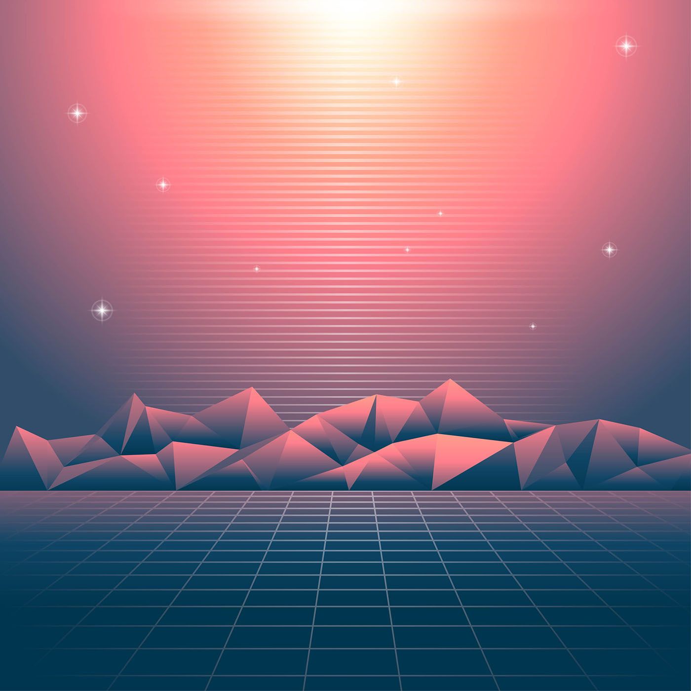 Synthwave, Low-Poly-Berge, Gitter, Sonnenlicht, Rosa Himmel, Retro, Hintergrundbild fürs Tablet