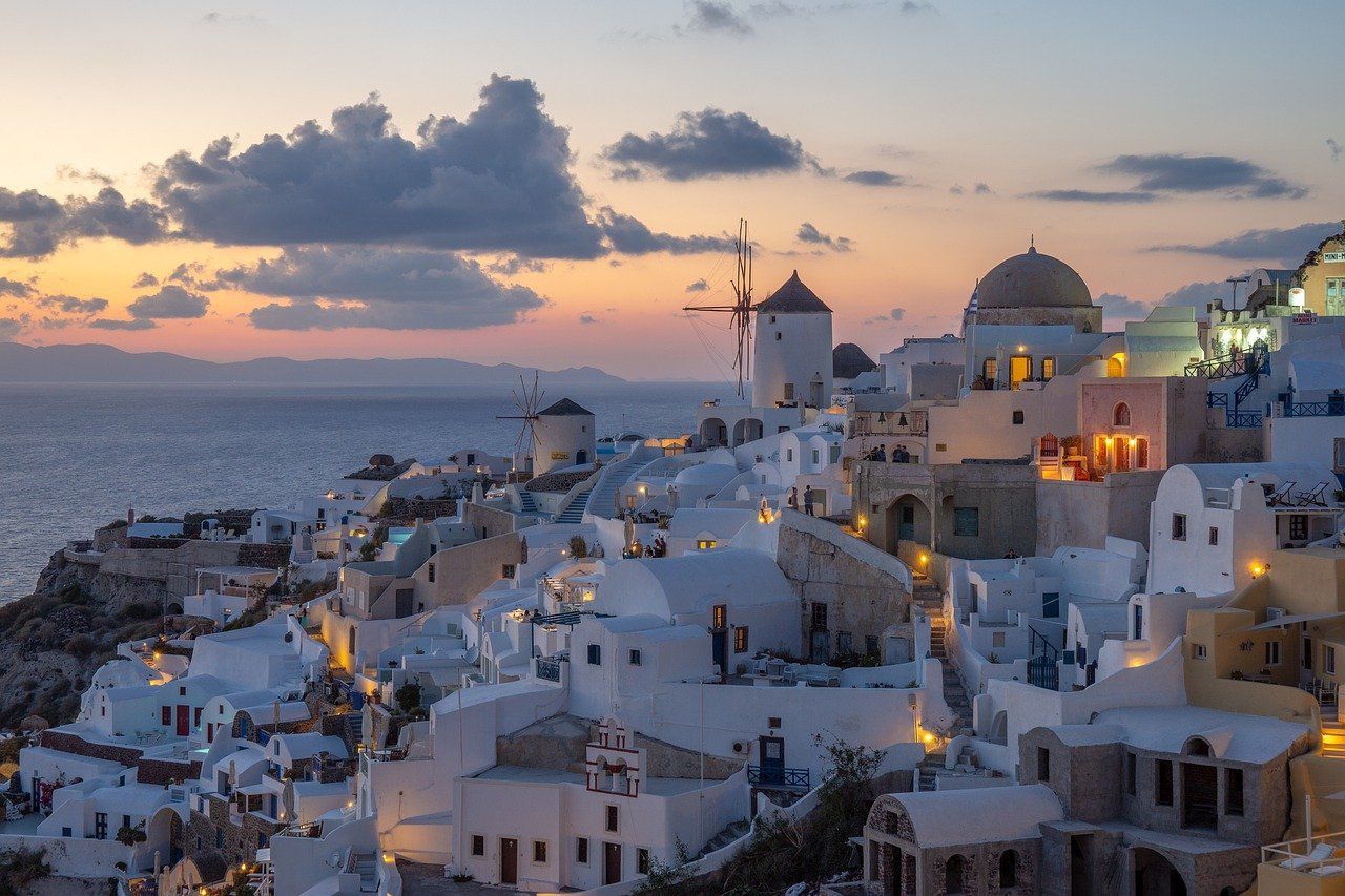 Santorini, Oia, Windmühle, Abenddämmerung, Wolken, HD, Hintergrundbild für den PC