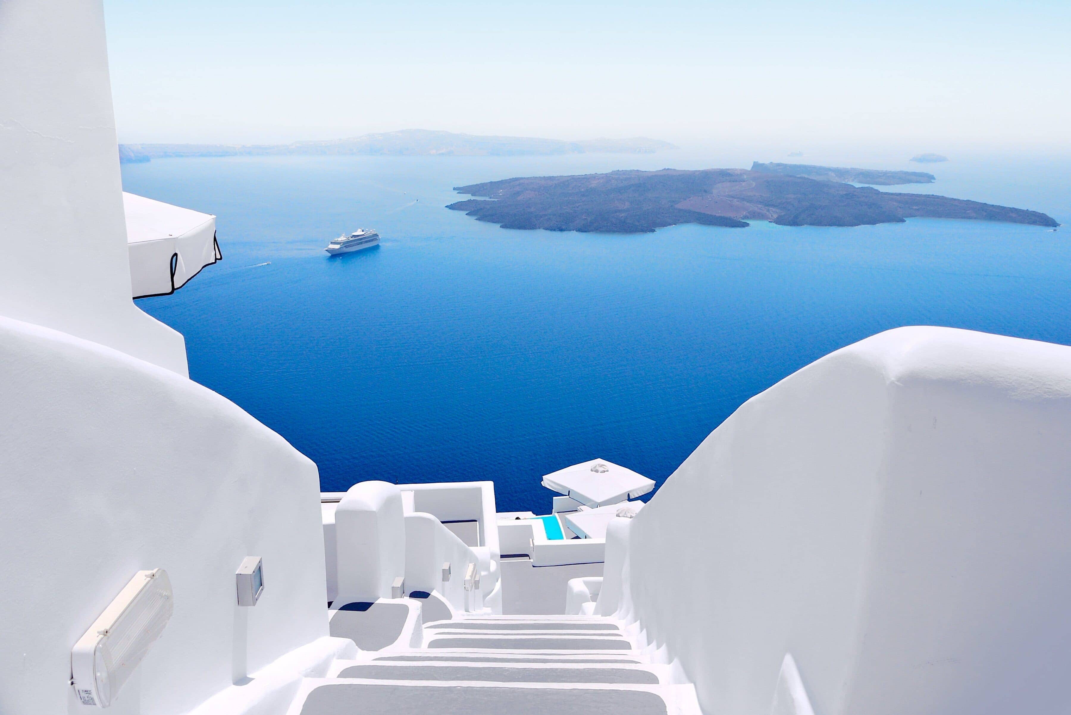Santorini, Caldera, Nea Kameni, Ägäis, Weiße Treppe, Kreuzfahrtschiff, 2K, Laptop-Hintergrundbild