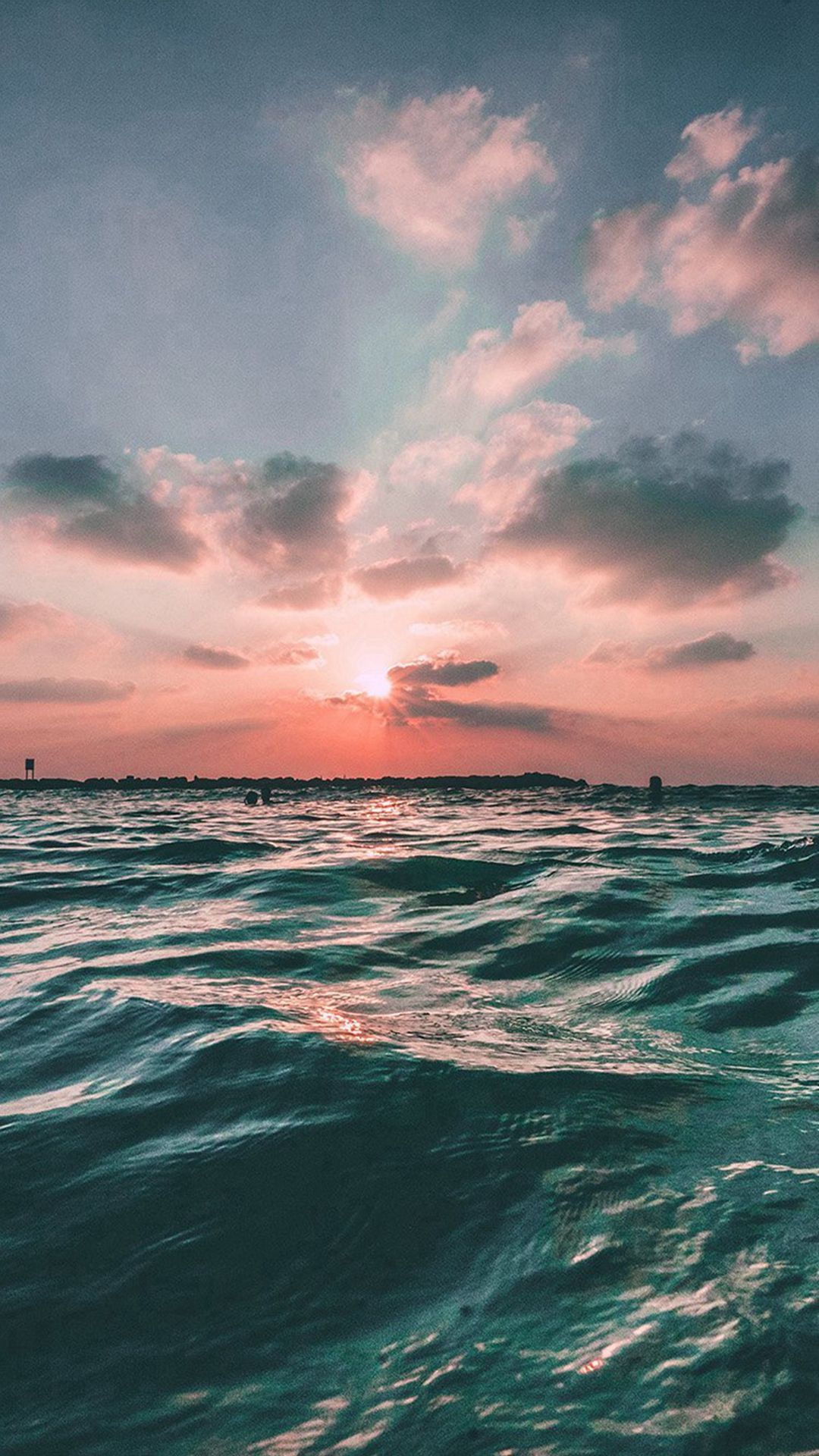 Sonnenuntergang, Rosa Wolken, Wellen, Offenes Meer, Full HD, Hintergrundbild fürs Handy