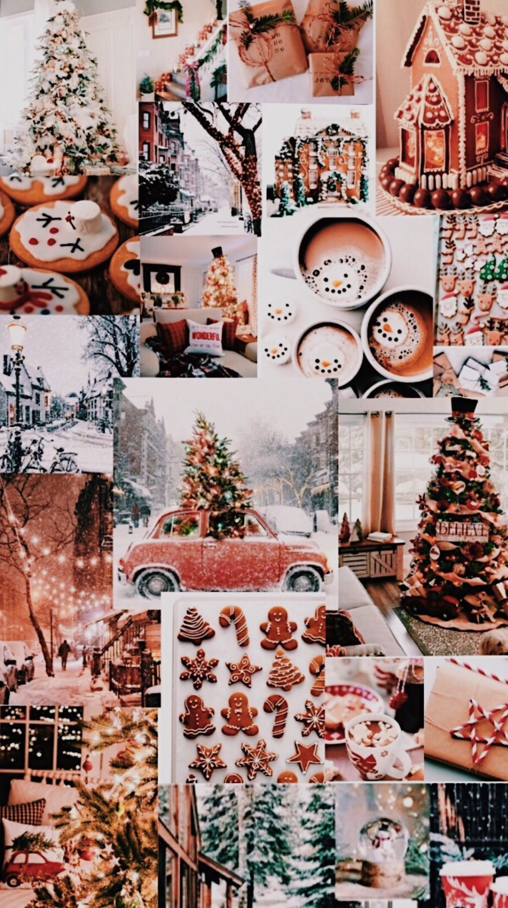 Collage, Weihnachtsbaum, Lebkuchenhaus, Kakao, Winter, Gemütlich, Rottöne, Hintergrundbild fürs Handy