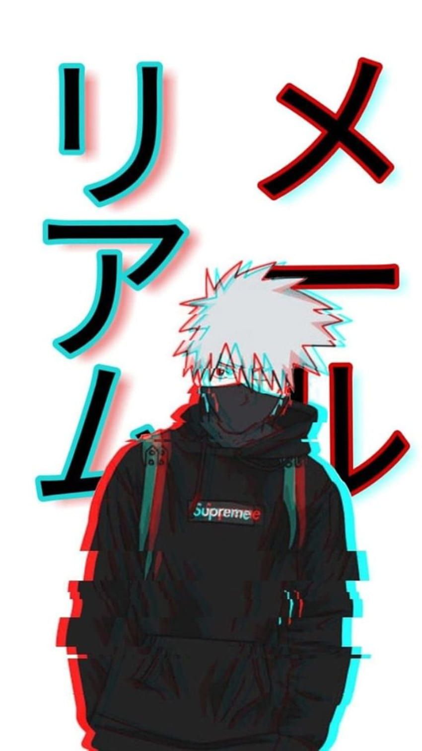 Anime-Junge, Weiße Haare, Rucksack, Japanische Schriftzeichen, Glitch-Effekt, HD-Handy-Hintergrundbild