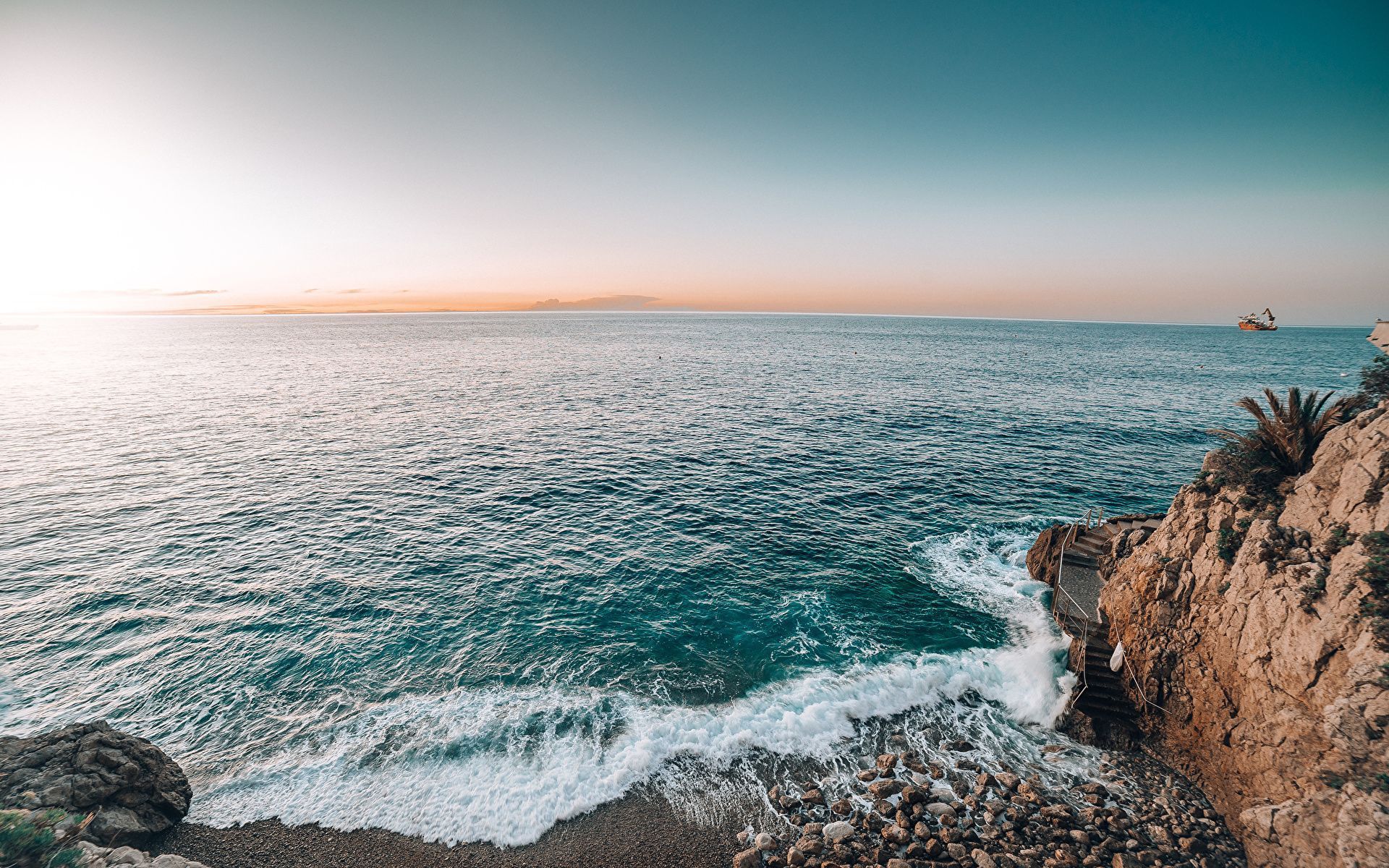 Felsküste, Sonnenuntergang, Ozean, Brandung, Schiff, 16:10, Full-HD-Hintergrundbild für den Desktop