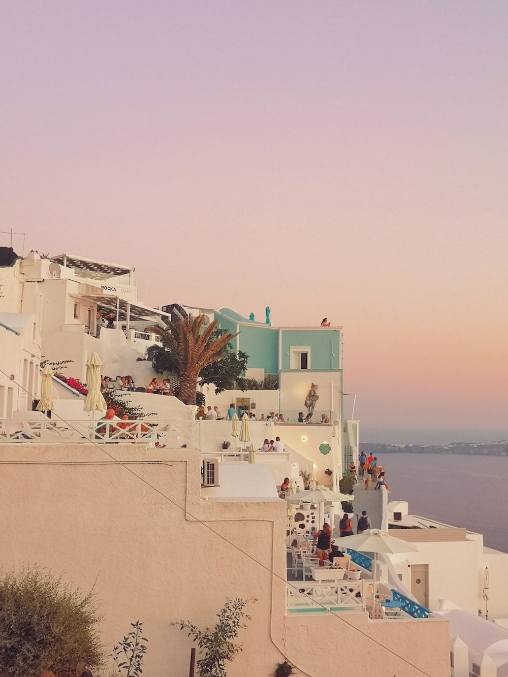 Santorini, Häuser, Rosa Himmel, Pastellfarben, Meer, HD, Hintergrundbild fürs Tablet