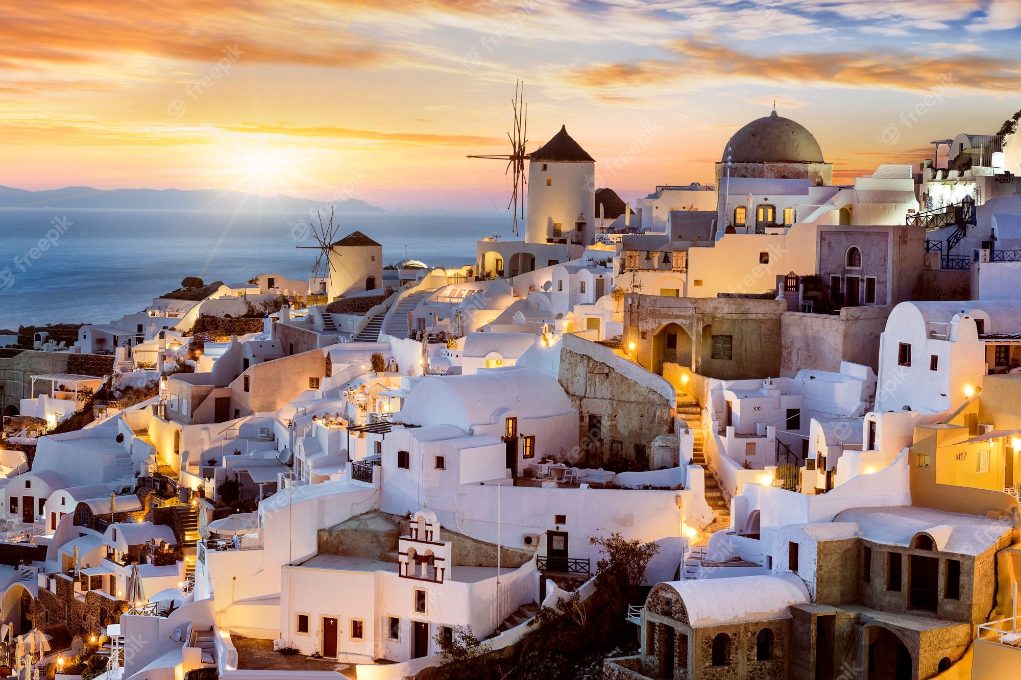 Santorini, Oia, Windmühle, Sonnenuntergang, Beleuchtung, Full HD, Laptop-Hintergrundbild