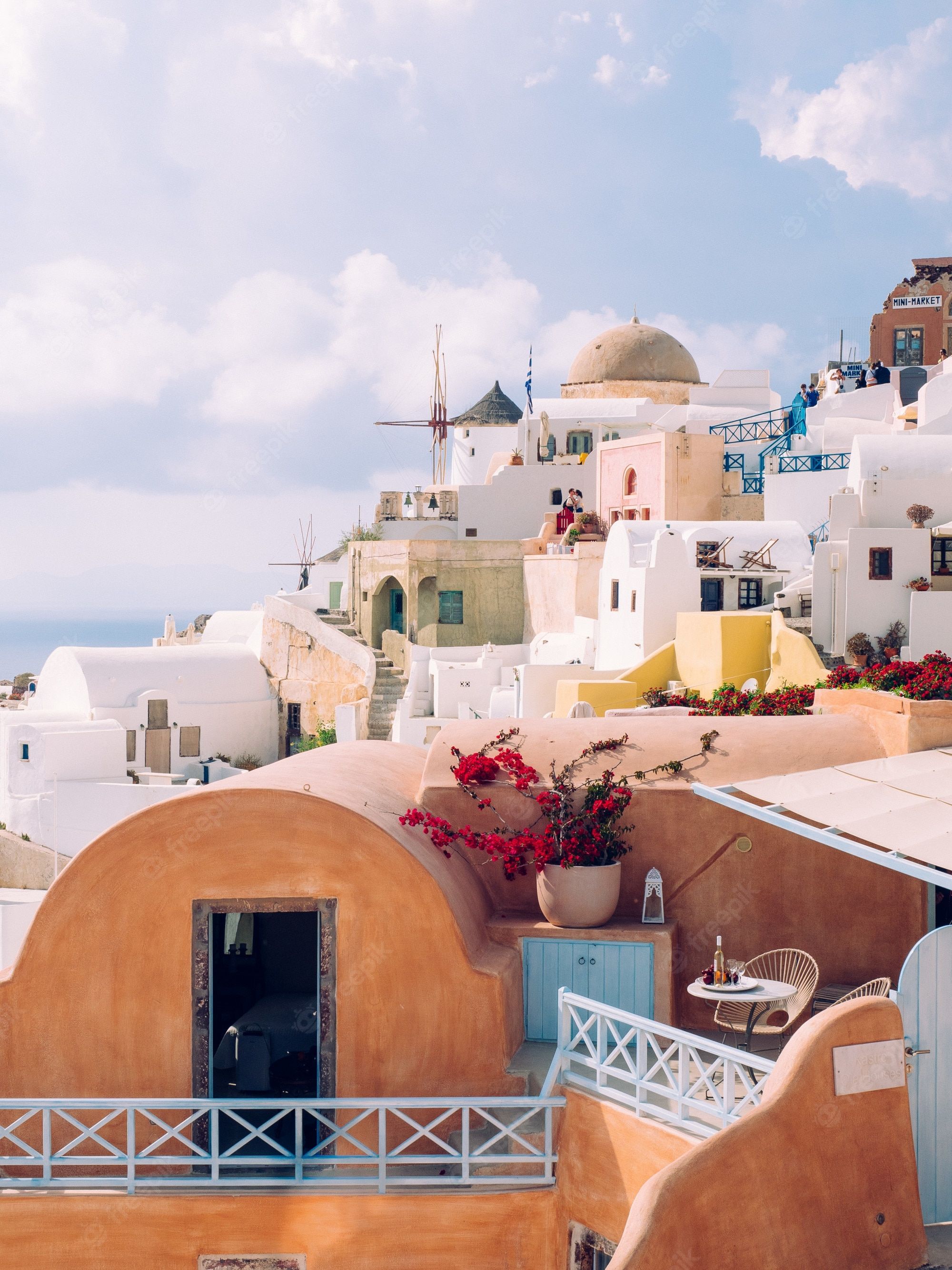 Santorini, Oia, Häuser, Kuppel, Wolken, QHD+, iPad-Hintergrundbild