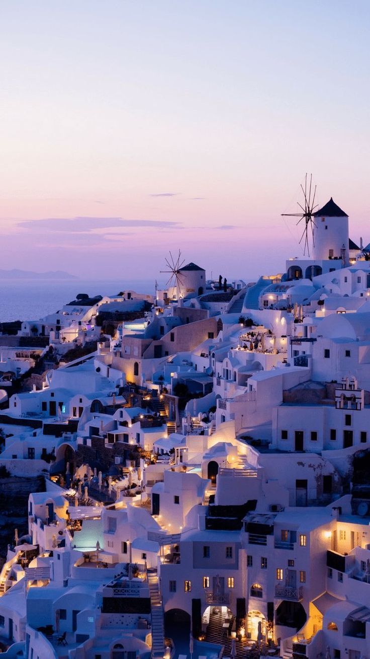 Oia, Santorin, Windmühle, Abenddämmerung, Lila Himmel, HD, Sperrbildschirm fürs iPhone