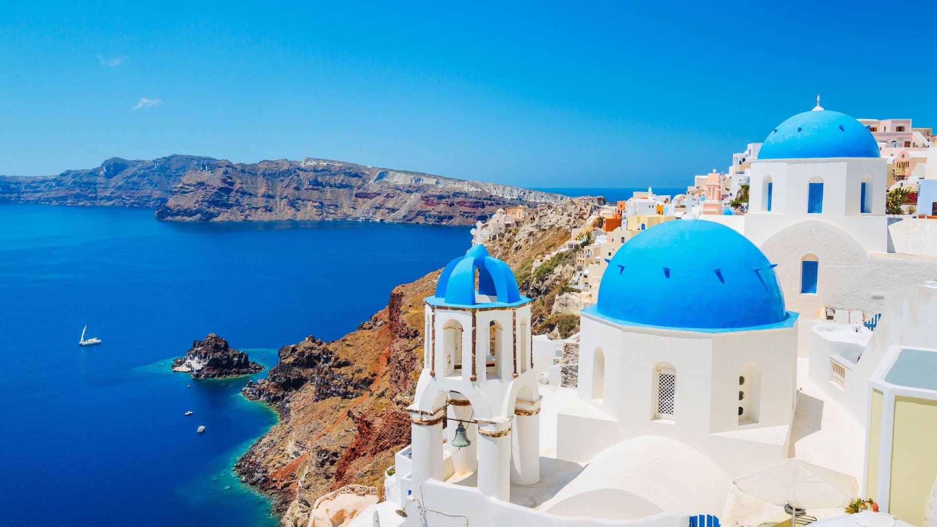 Santorini, Oia, Blaue Kuppeln, Caldera, Ägäis, Kirche, 1920x1080, Full-HD-Hintergrundbild für PC