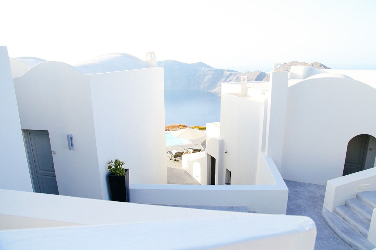 Weiße Architektur, Kykladen, Santorini, Minimalistisch, Meerblick, HD, PC-Hintergrundbild