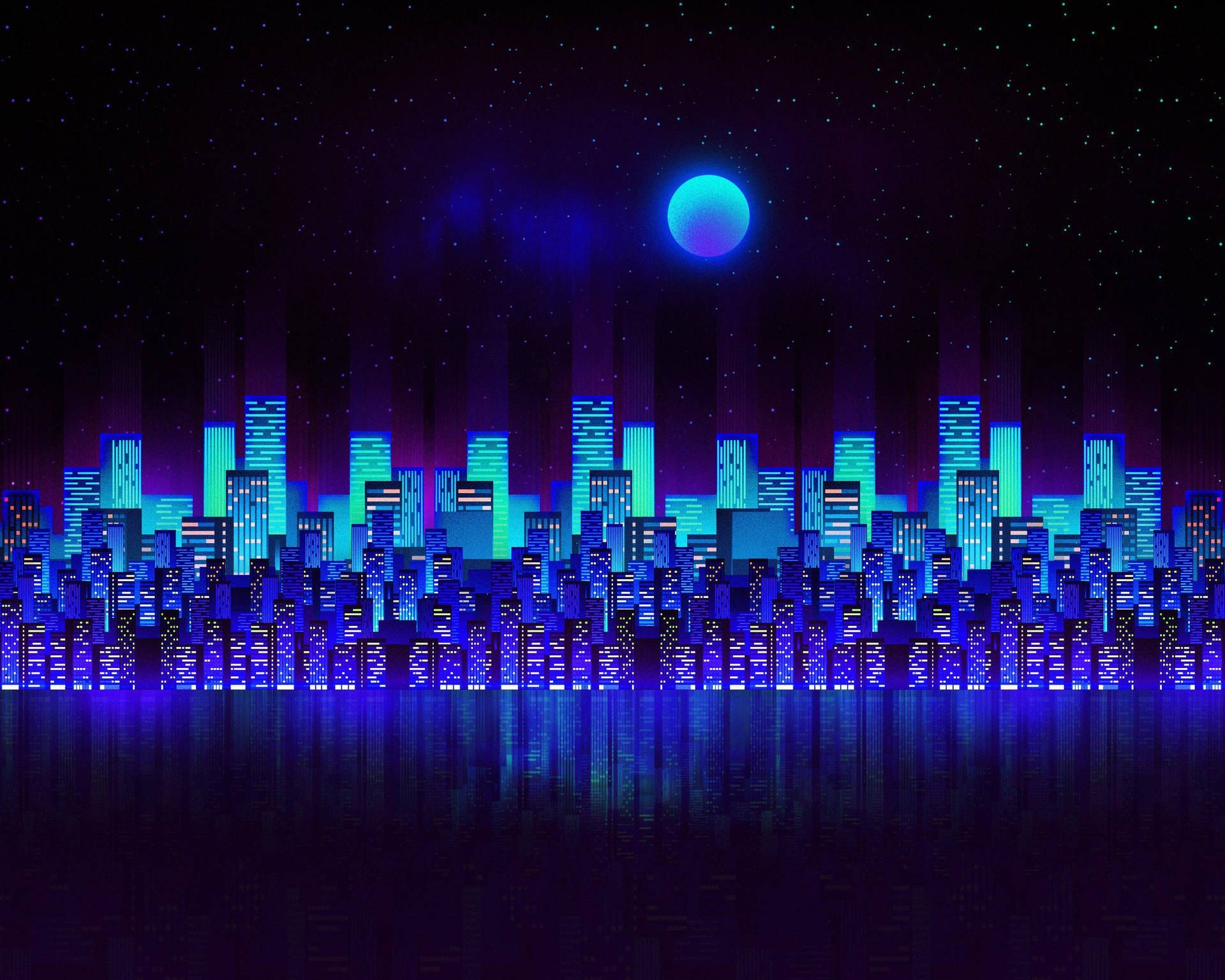 Pixel-Skyline, Mond, Nacht, Blau, Spiegelung, Full HD, Desktop-Hintergrund für Windows