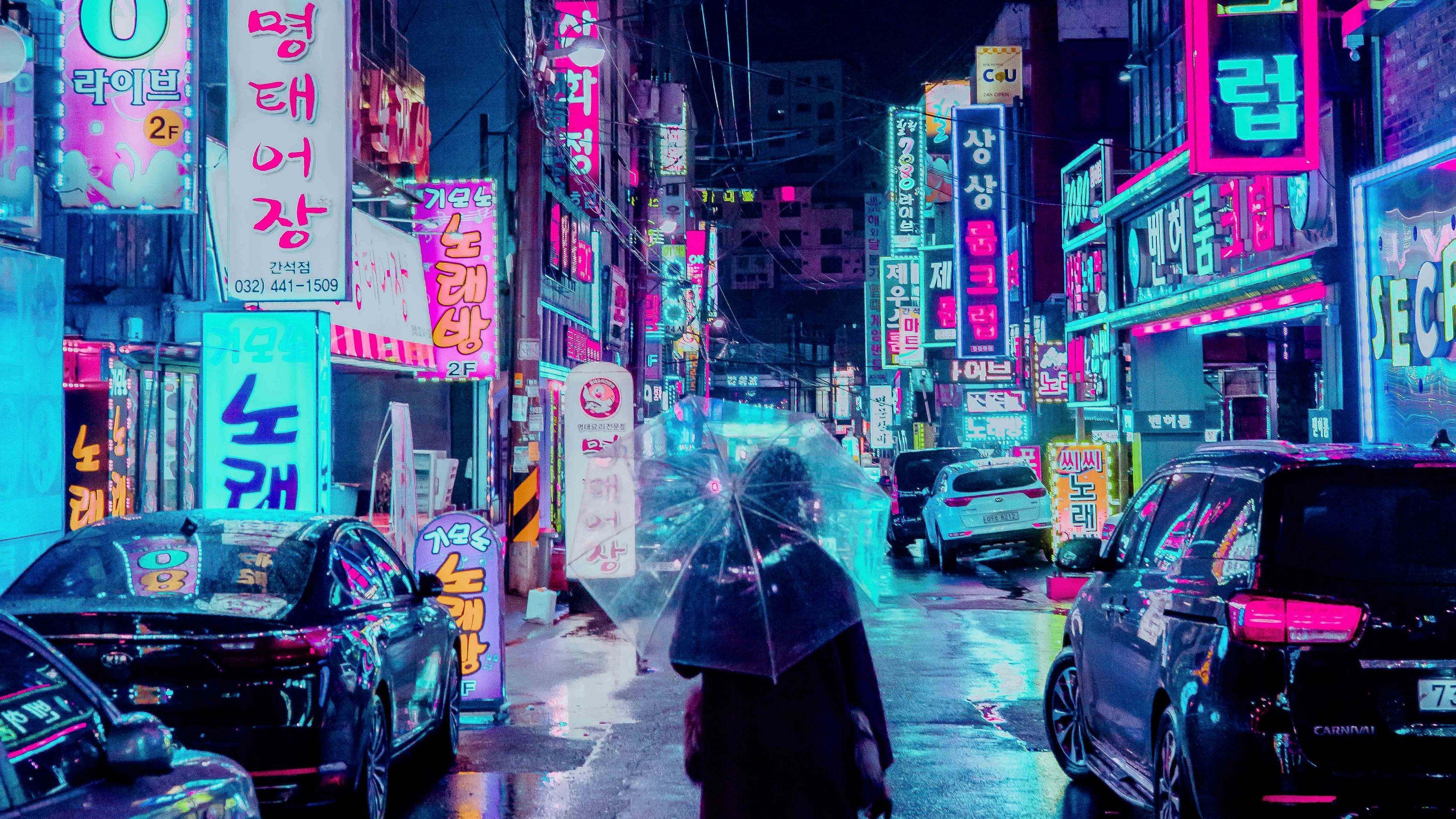 Seoul, Südkorea, Straße, Regen, Leuchtreklamen, Nacht, 16:9, 4K-Hintergrundbild für den Desktop