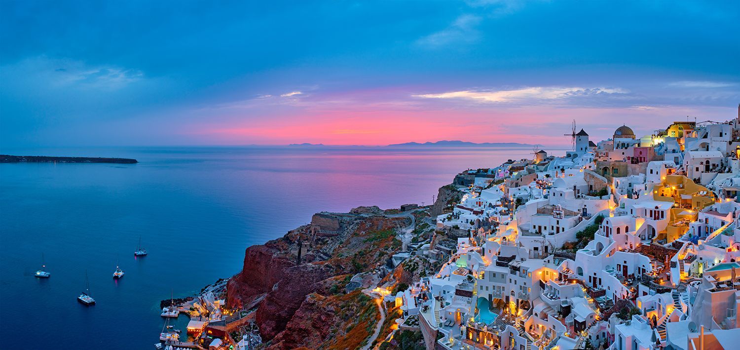 Santorini, Oia, Abenddämmerung, Lichter, Meer, HD, Desktop-Hintergrund für Windows
