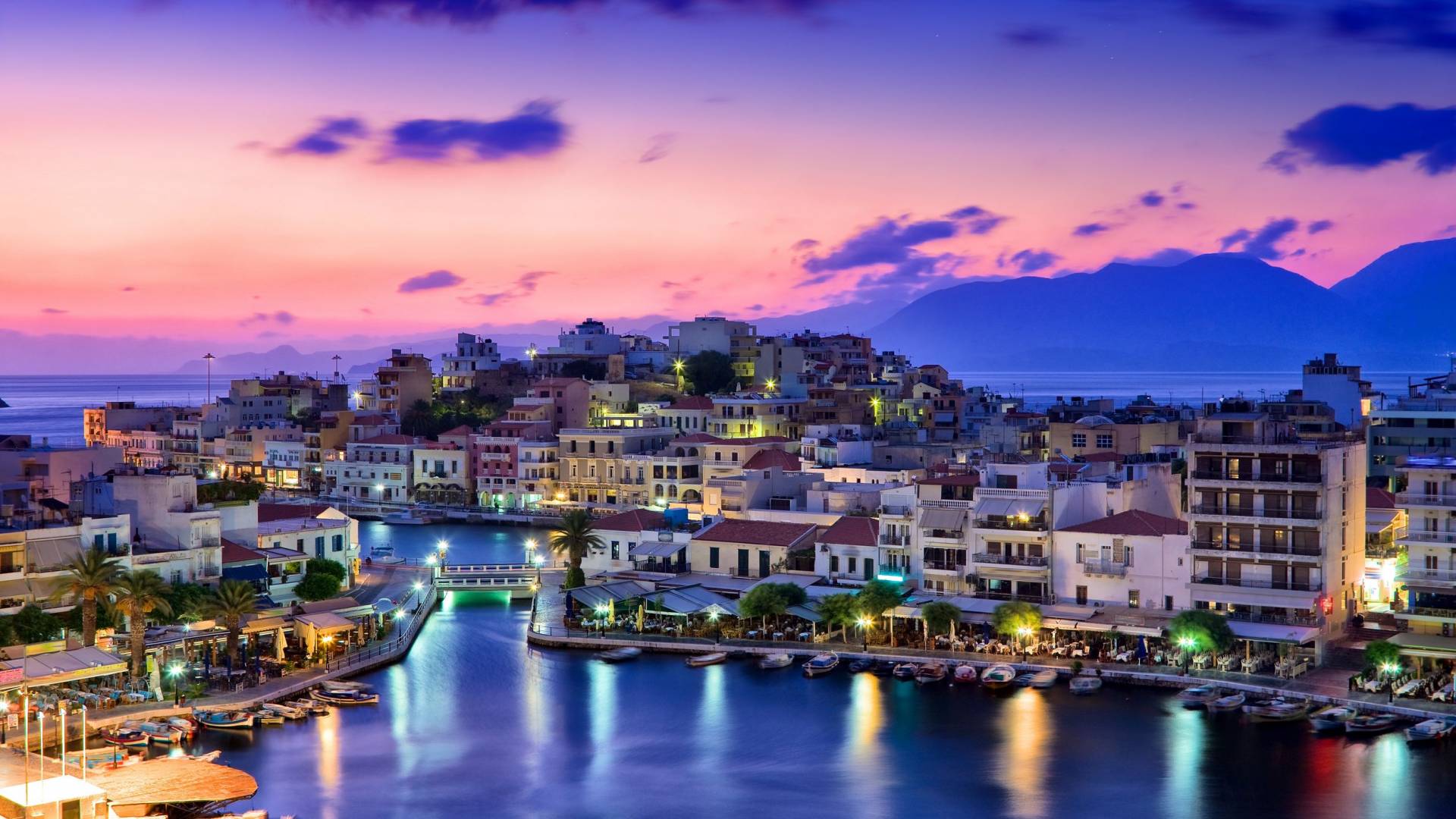 Agios Nikolaos, Kreta, Hafen, Abenddämmerung, Lichter, 16:9, Full-HD-Hintergrundbild für den Desktop