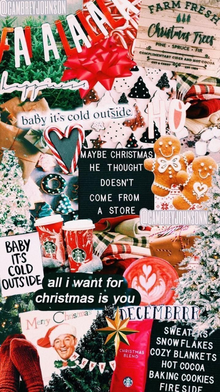 Collage, Baby It's Cold Outside, All I Want for Christmas Is You, Typografie, Zuckerstangen, Rot und Grün, Handy-Hintergrundbild