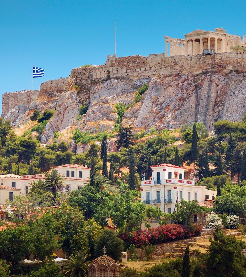 Akropolis, Athen, Griechenland, Felsen, Bäume, Hintergrundbild für iPad und Tablet
