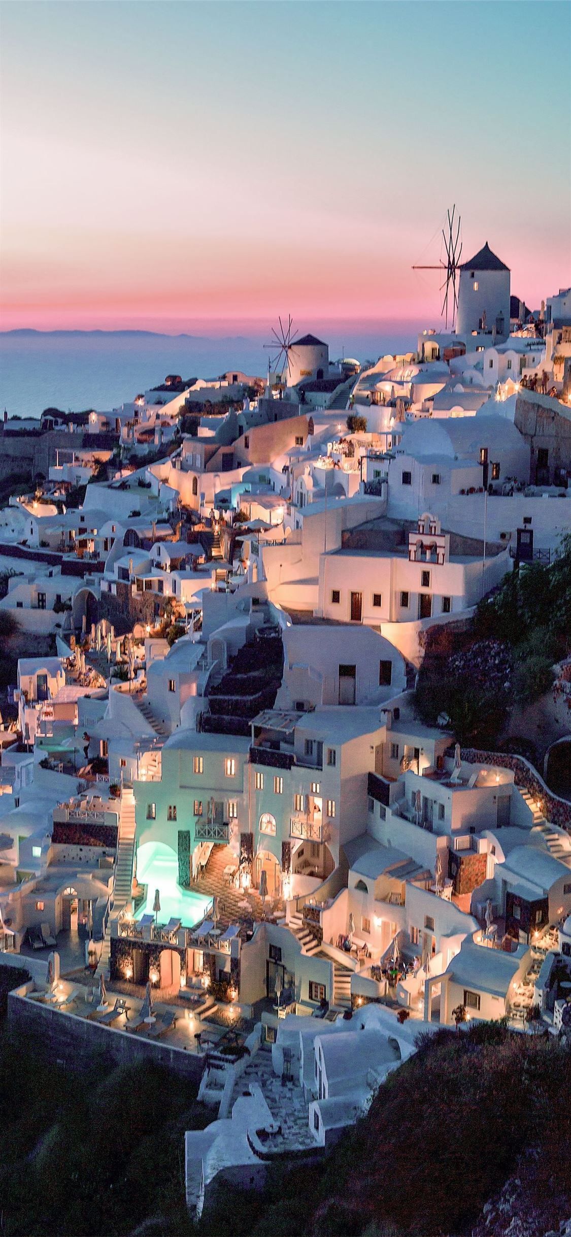 Oia, Santorin, Abenddämmerung, Lichter, Hanglage, Full HD, Hintergrundbild fürs Handy