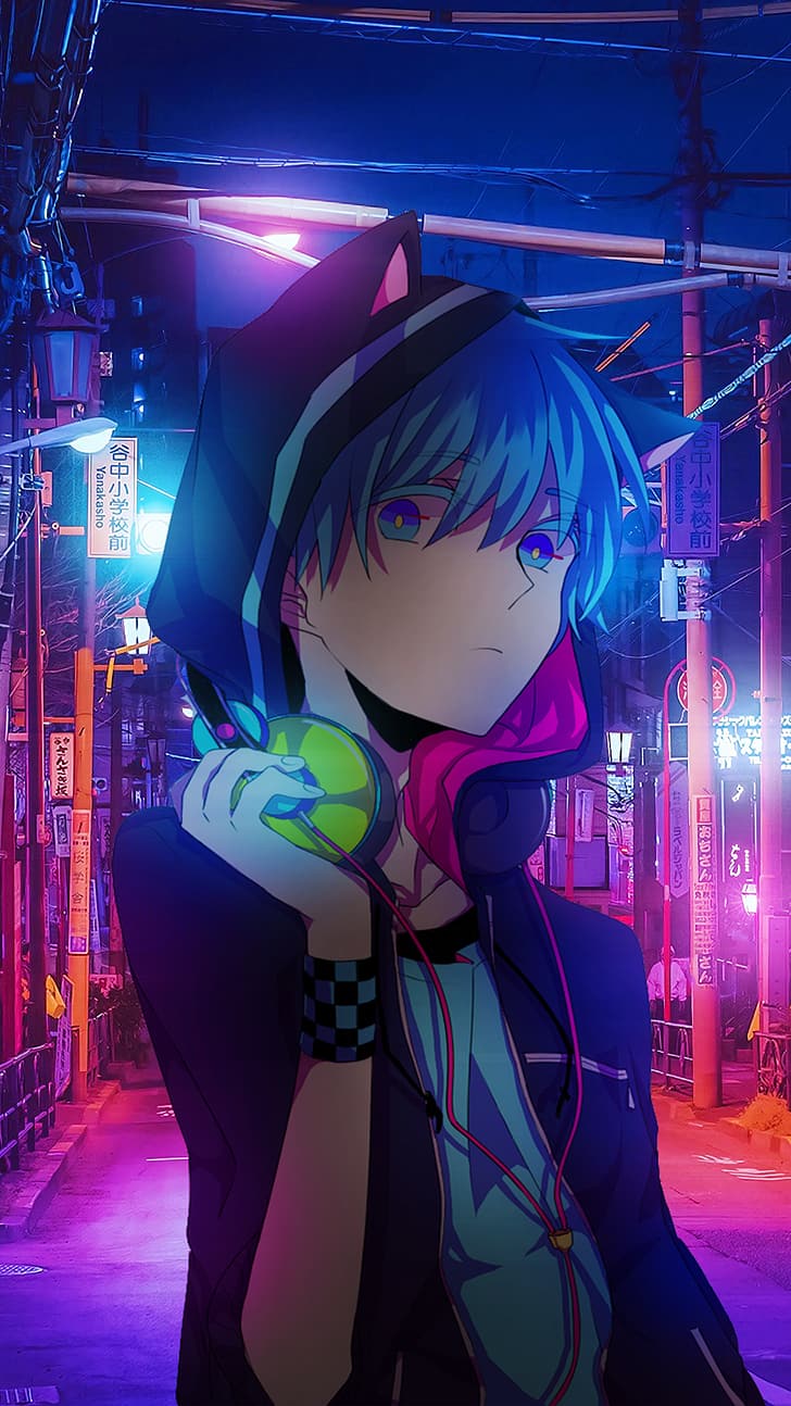 Anime-Junge, Neon, Kapuze, Stadt, Nacht, Lila, HD, Sperrbildschirm fürs iPhone