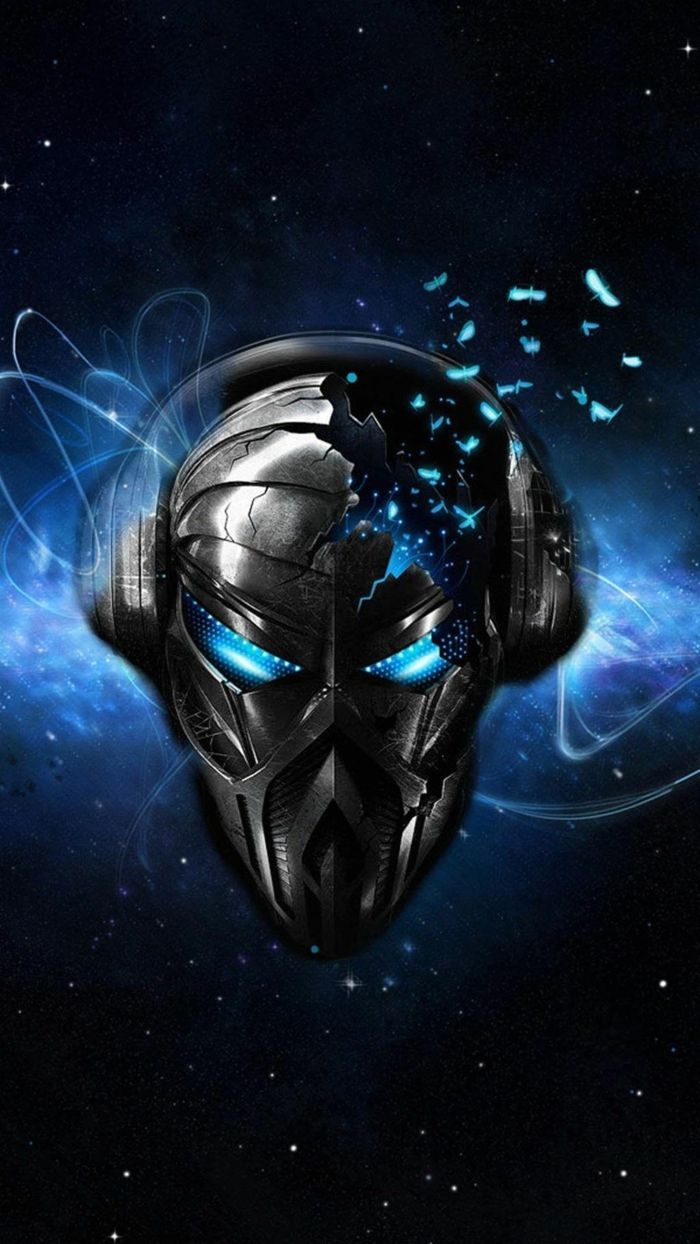 Maske, Kopfhörer, Blaues Leuchten, Weltall, Digitale Kunst, Android-Hintergrundbild