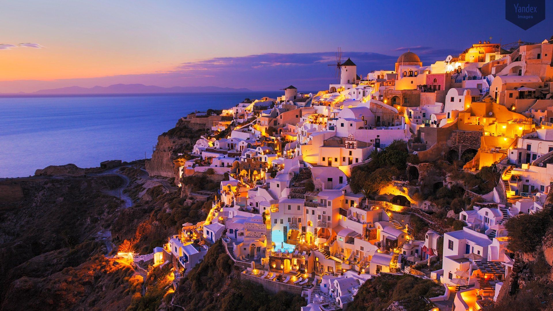 Oia, Santorin, Abenddämmerung, Lichter, Hanglage, Ägäis, Full HD, Breitbild-Hintergrundbild