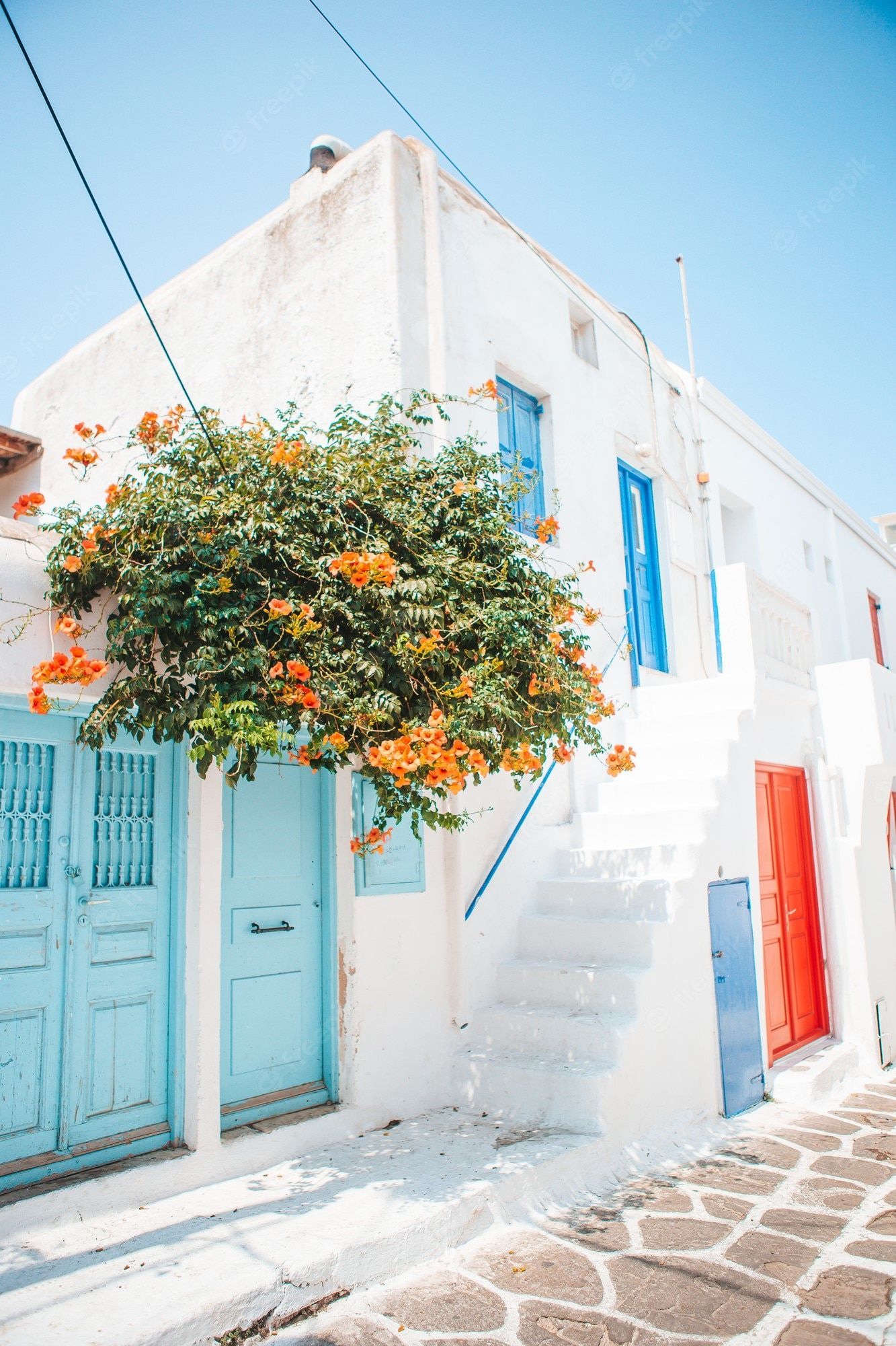 Gasse, Weiße Häuser, Blaue Türen, Blumen, Kykladen, Full HD, Hintergrundbild fürs Handy