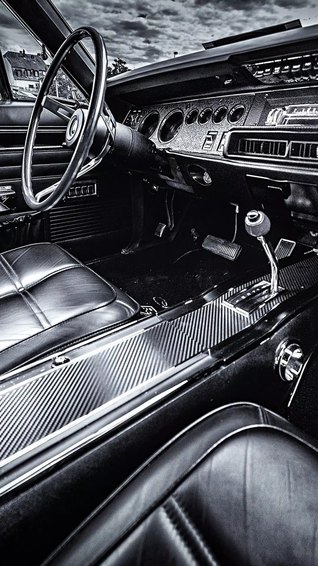 Oldtimer, Autoinnenraum, Lenkrad, Schwarz-Weiß, Chrom, Full HD, Handy-Hintergrund im Hochformat