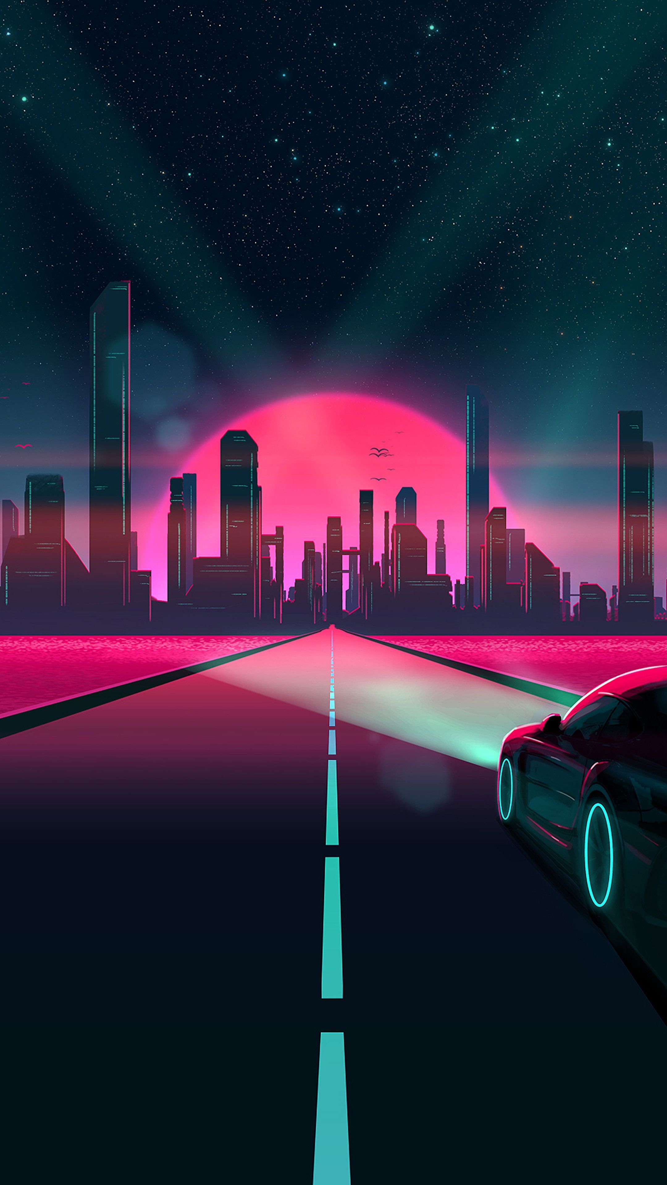 Straße, Skyline, Sonne, Synthwave, Türkis, Hintergrundbild für iPhone und Android