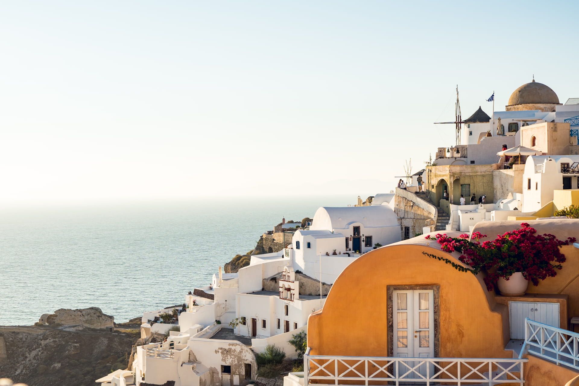 Santorini, Oia, Windmühle, Bougainvillea, Meer, Full HD, Desktop-Hintergrund für Windows