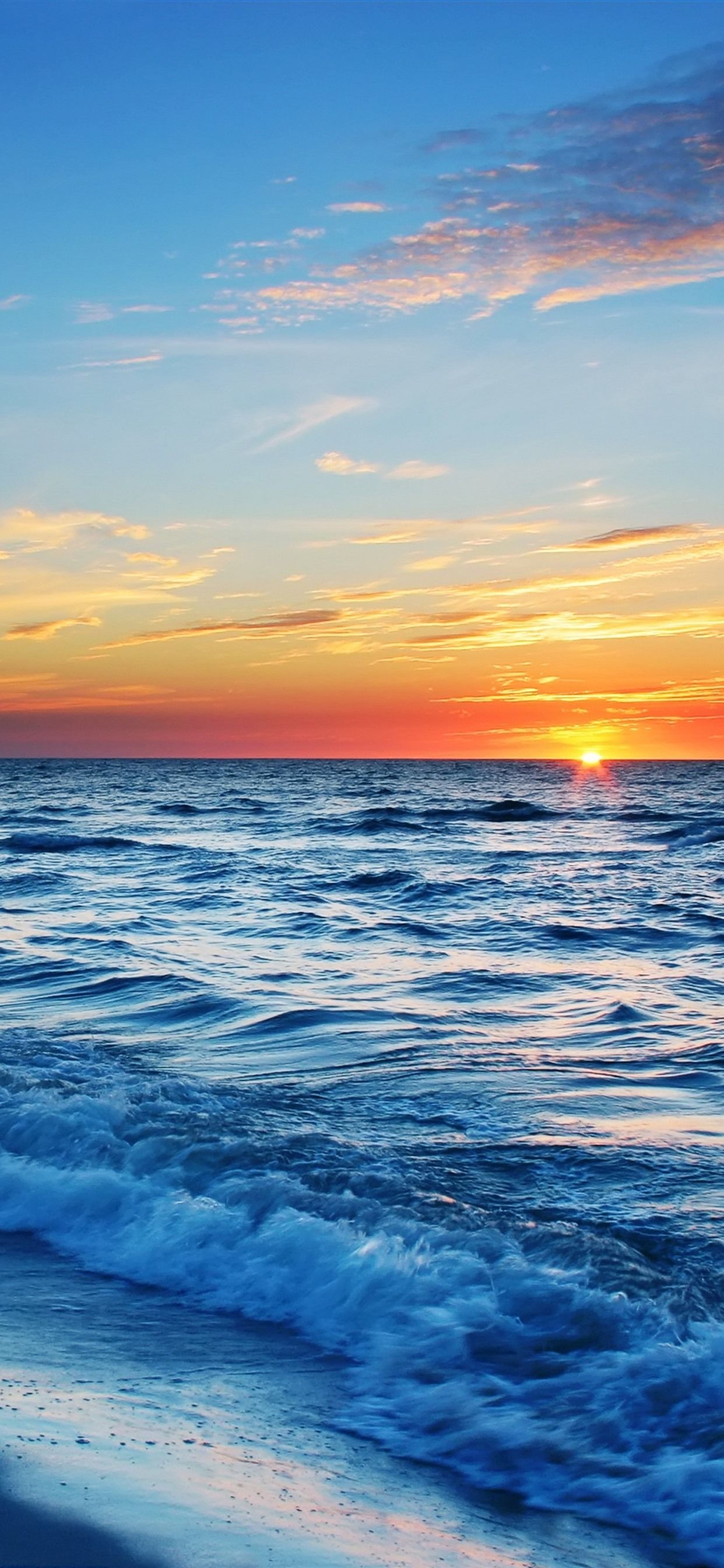 Sonnenuntergang, Wellen, Blaues Wasser, Wolken, Full HD, Hintergrundbild fürs Handy