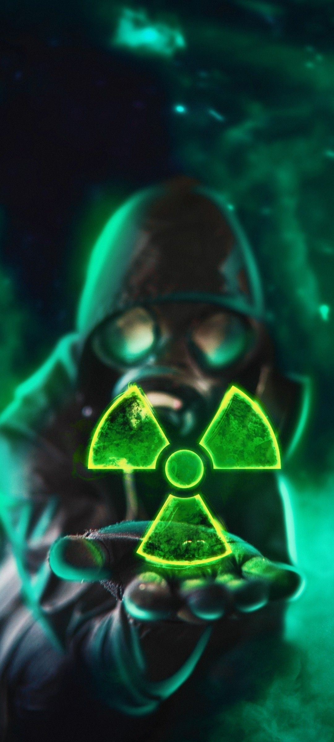 Gasmaske, Radioaktiv, Grünes Leuchten, Dunkel, Postapokalyptisch, Full HD, iPhone-Hintergrundbild