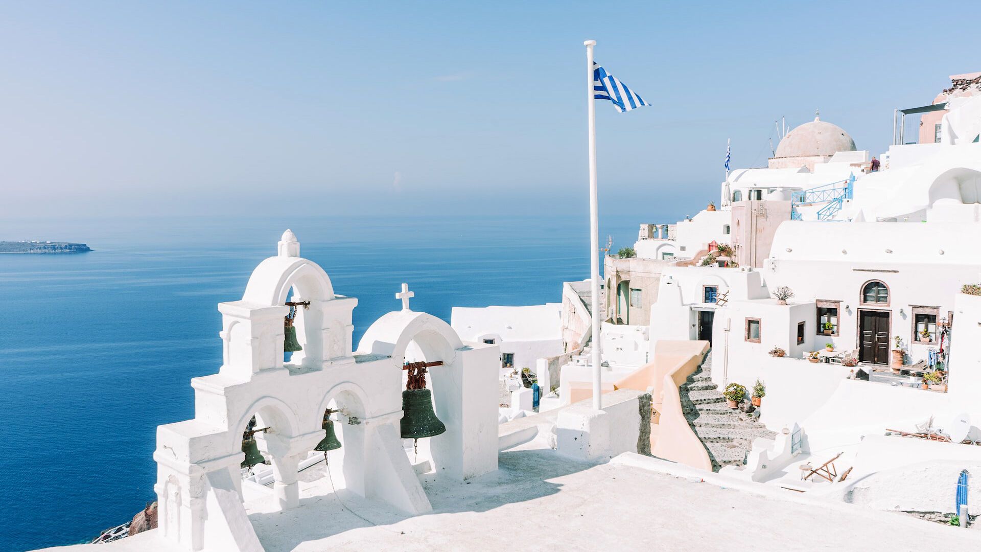 Santorini, Glockenturm, Griechische Flagge, Kirche, Meer, 1920x1080, PC-Hintergrundbild