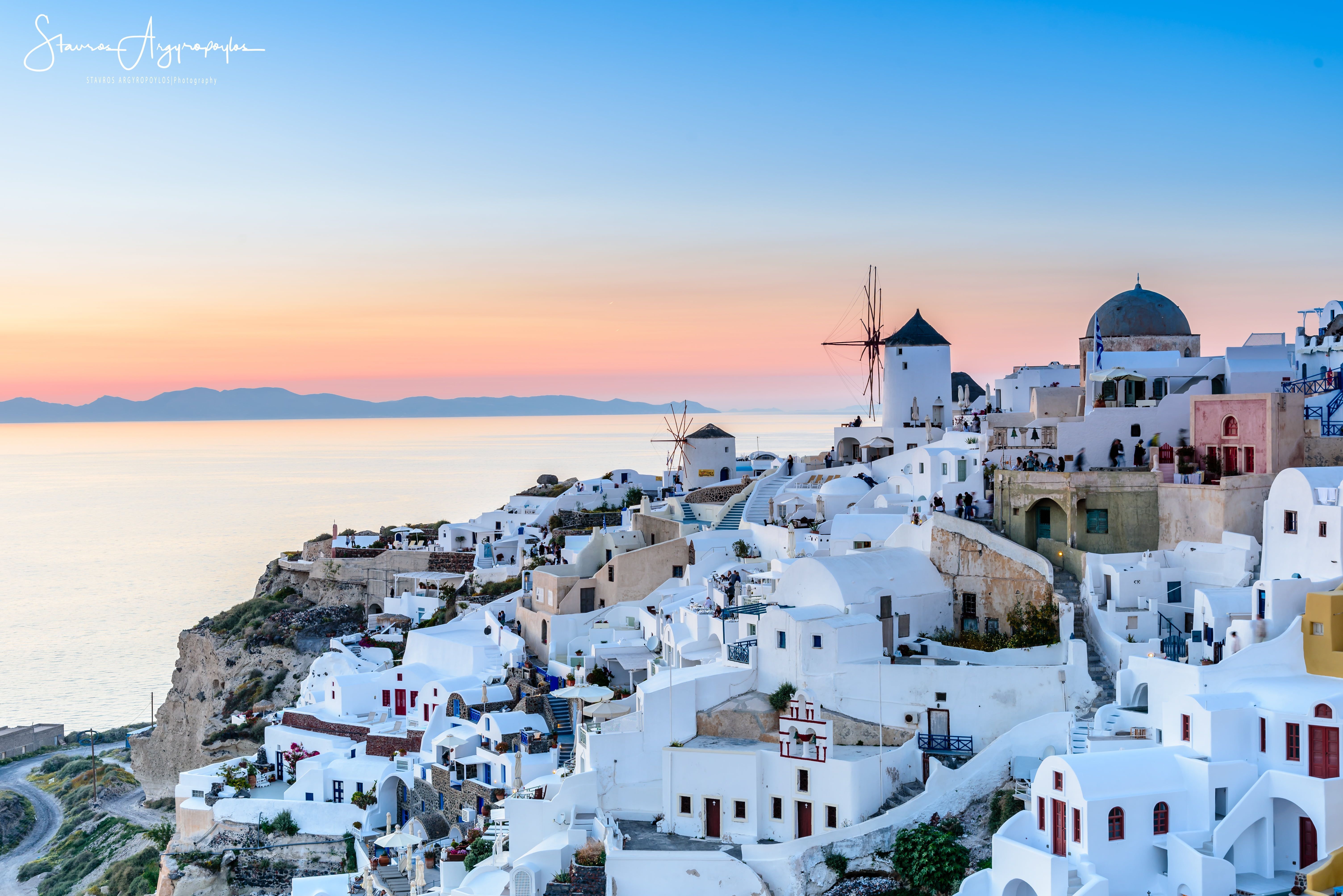 Oia, Santorin, Windmühle, Sonnenuntergang, Caldera, 6K, Hintergrund für den Desktop